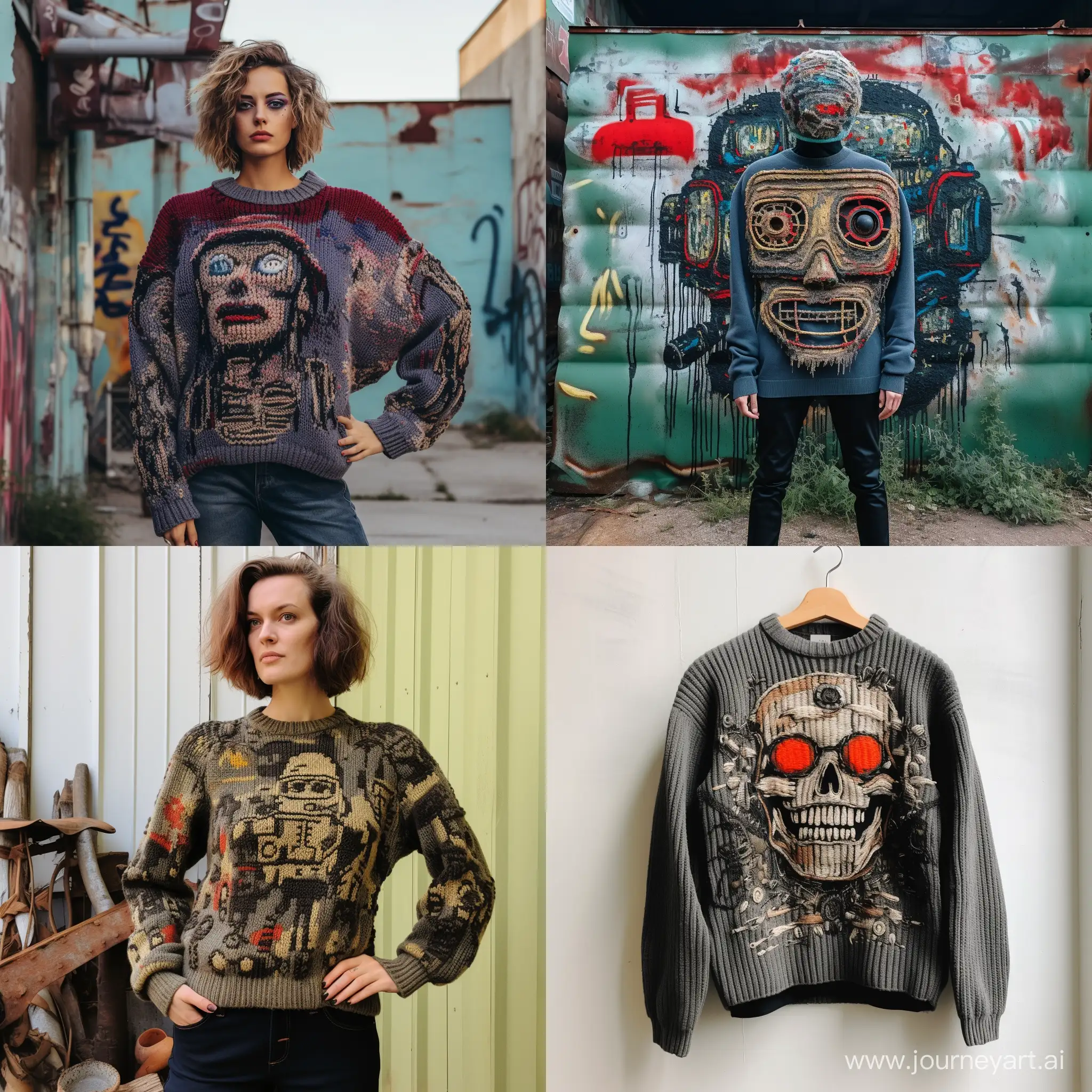A photo of an oversize knitted sweater with a flat image on the sweater, on which brutal robots, he conquered every person and plant, the image is knitted from threads, punk style of the 80s