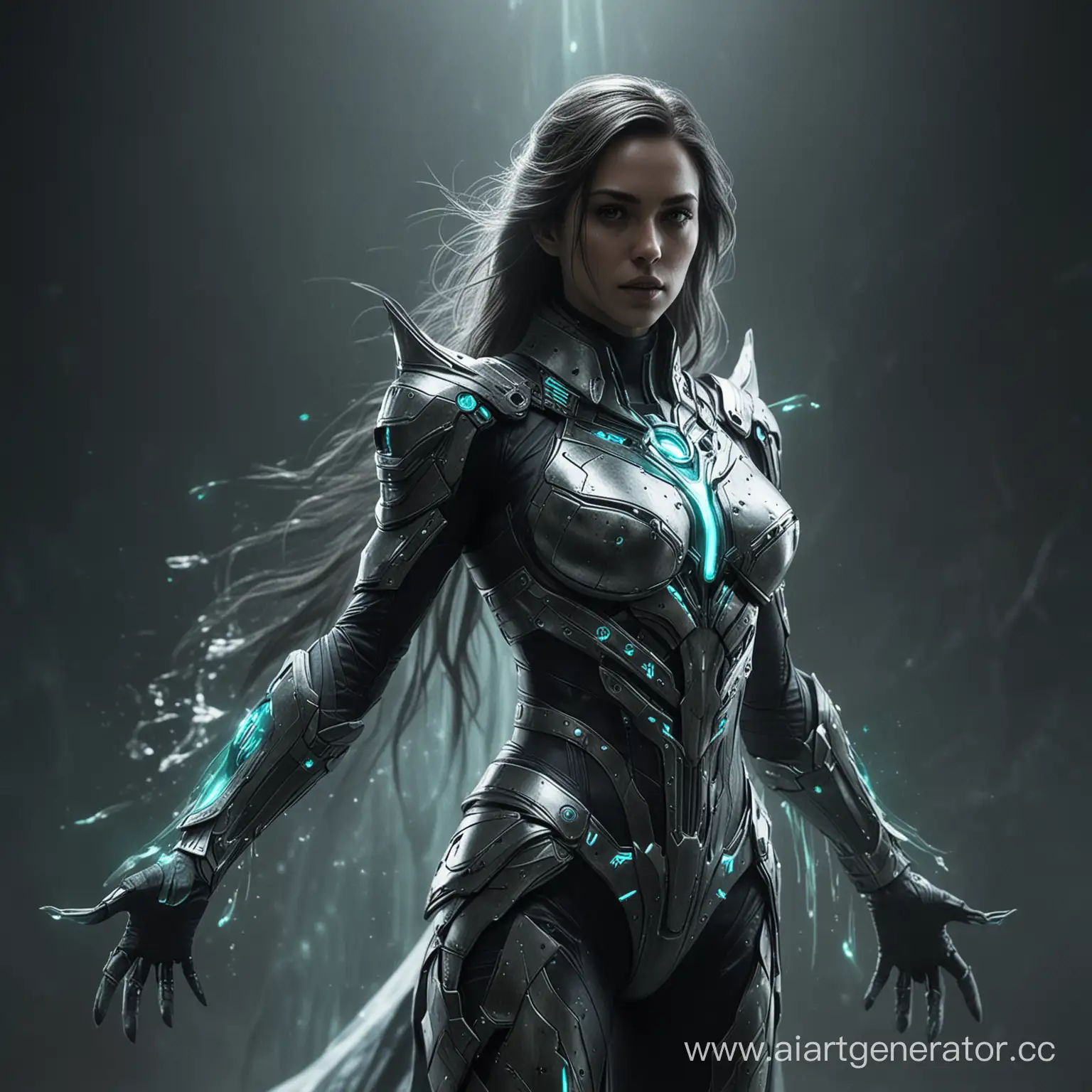 Spectral Sentinel:She is Guardian of the spirit realm, with a suit that phases in and out of existence, capable of wielding spectral energy.Make it cinematic image 