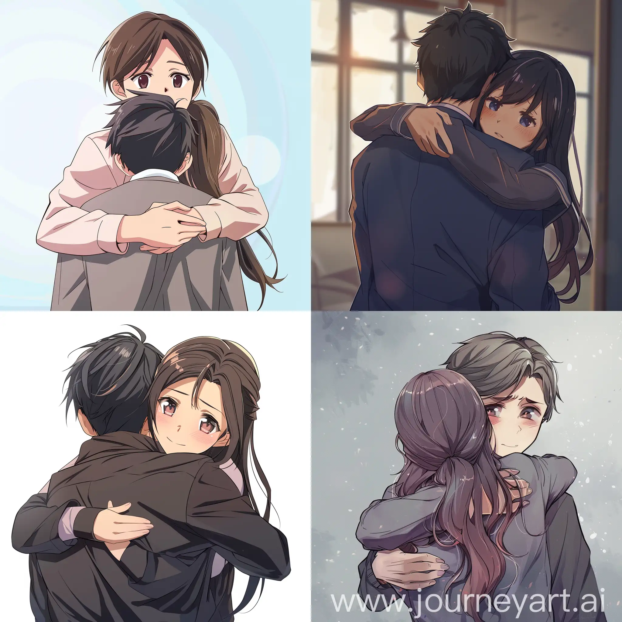 Anime woman hugging man from behind
