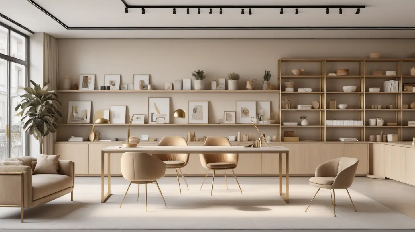 a Hyperrealistic image of a design firm workspace; built in wall shelving for samples; desk; meeting area with sofa, table and chairs; kitchenette; beige, light oak and brass colour palette