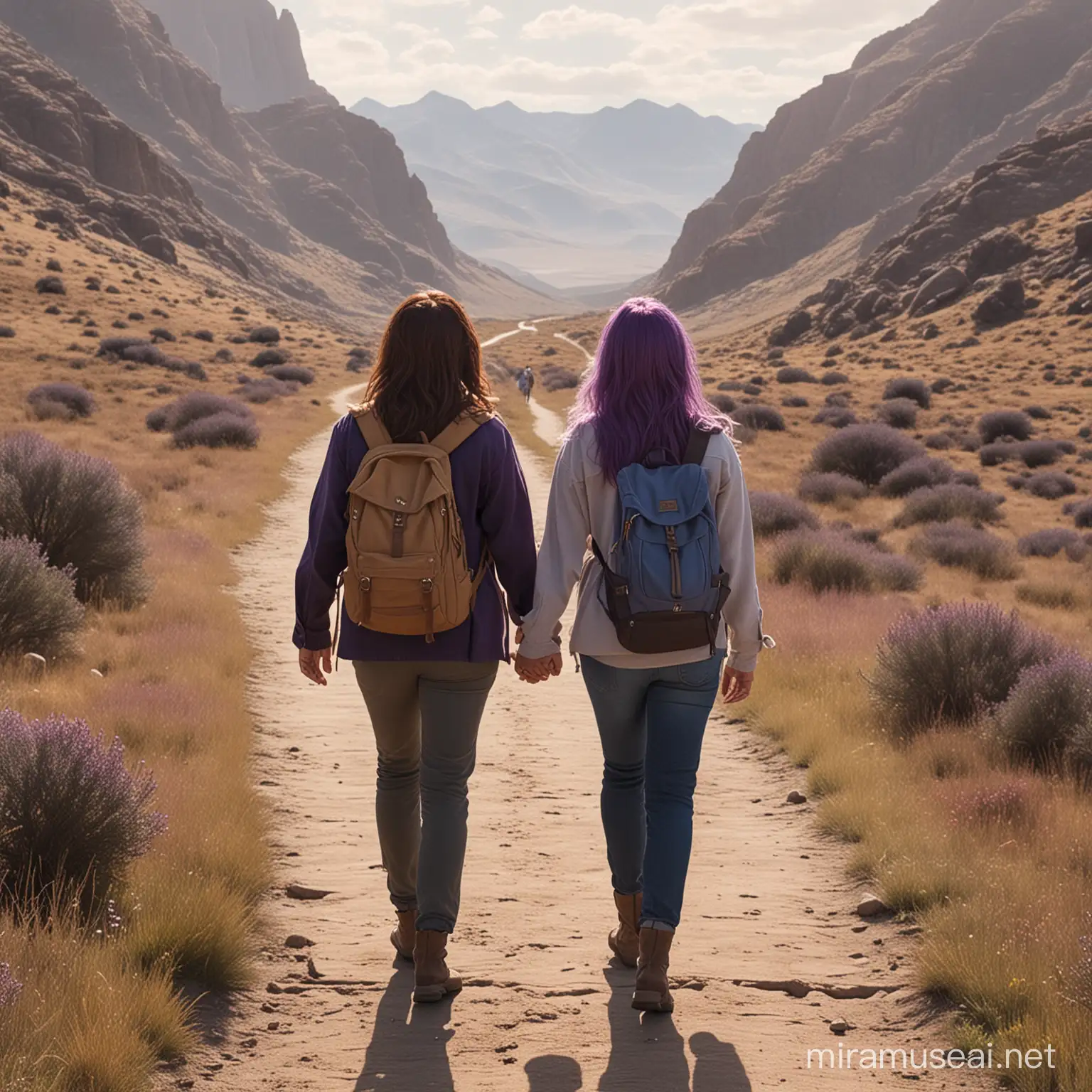 Subject: two women walking alongside each other not holding hands one in her 60s with long dark brown hair past her shoulders, the other in her late 30s medium purple hair down past her shoulders,  looking towards a path they are to take, put them in hiking attire setting: a path that leads into the woods, a vast mountain range in the background, put a male lion walking in front of them facing away from them leading them on the path, vast expanse of land, big sky Style: dreamy, moody, atmospheric, cinematic lighting, hyper realistic, in the style of Christopher Doyle