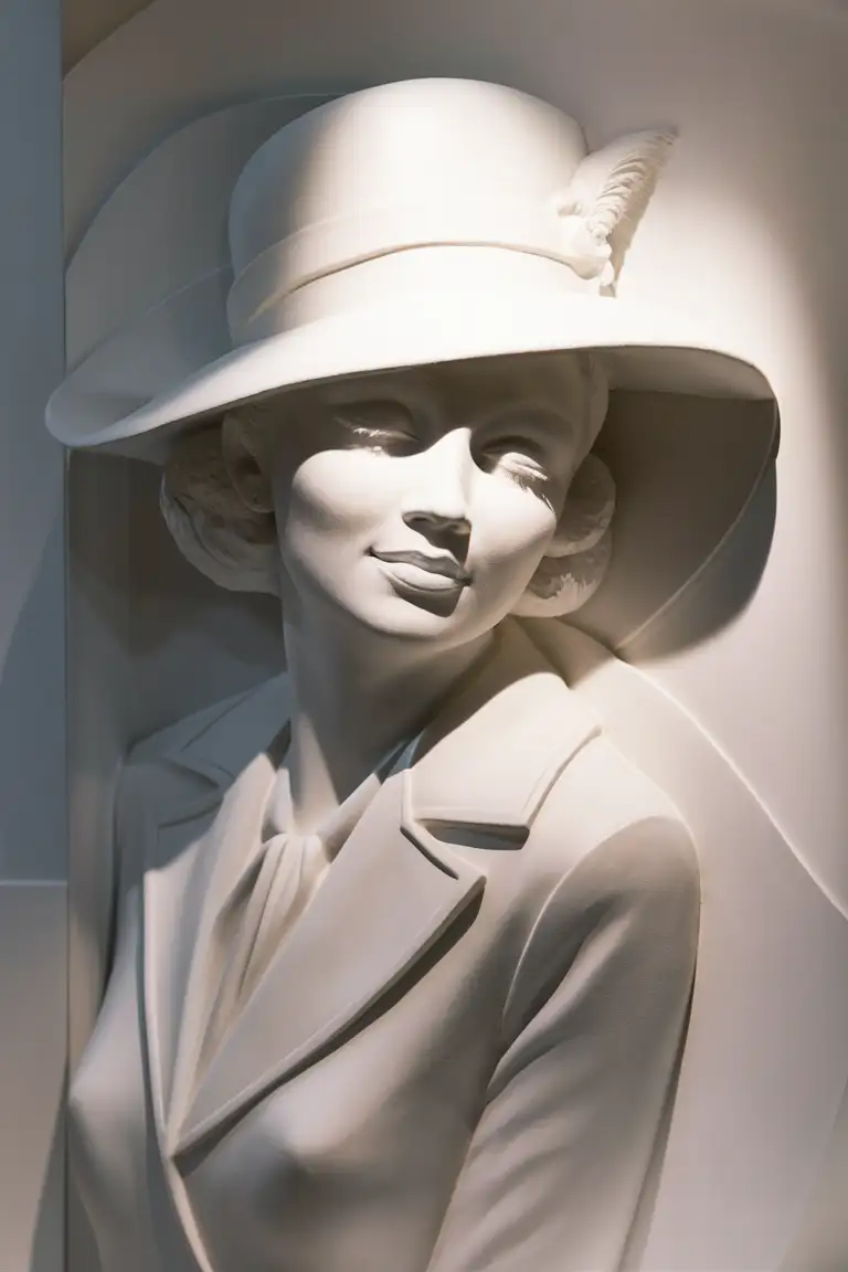 white basrelief sculpture of  half height woman in hat with closed eyes 
