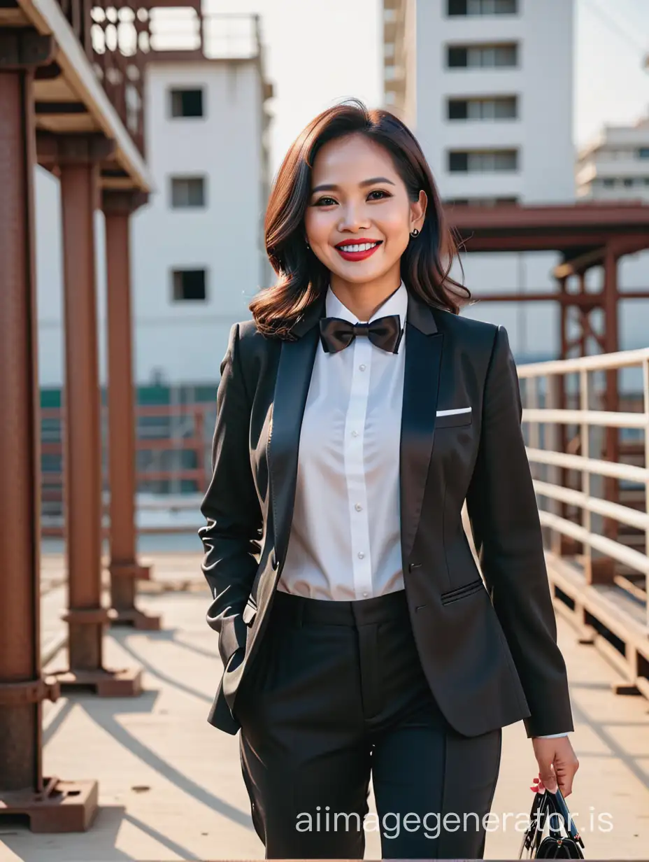  A 50 year old sophisticated and confident and dark skinned indonesian woman with shoulder length hair and  lipstick wearing a black tuxedo with a black jacket.   Her shirt is white with black cufflinks and a (black bow tie) and (black pants).  She is walking toward the end of a scaffold.  She is facing you.  She is laughing and smiling.  She is relaxed. Her jacket is open. She has one hand in her pants pocket.  Her other hand is holding a small shiny black purse.  She is wearing shiny black high heels. 