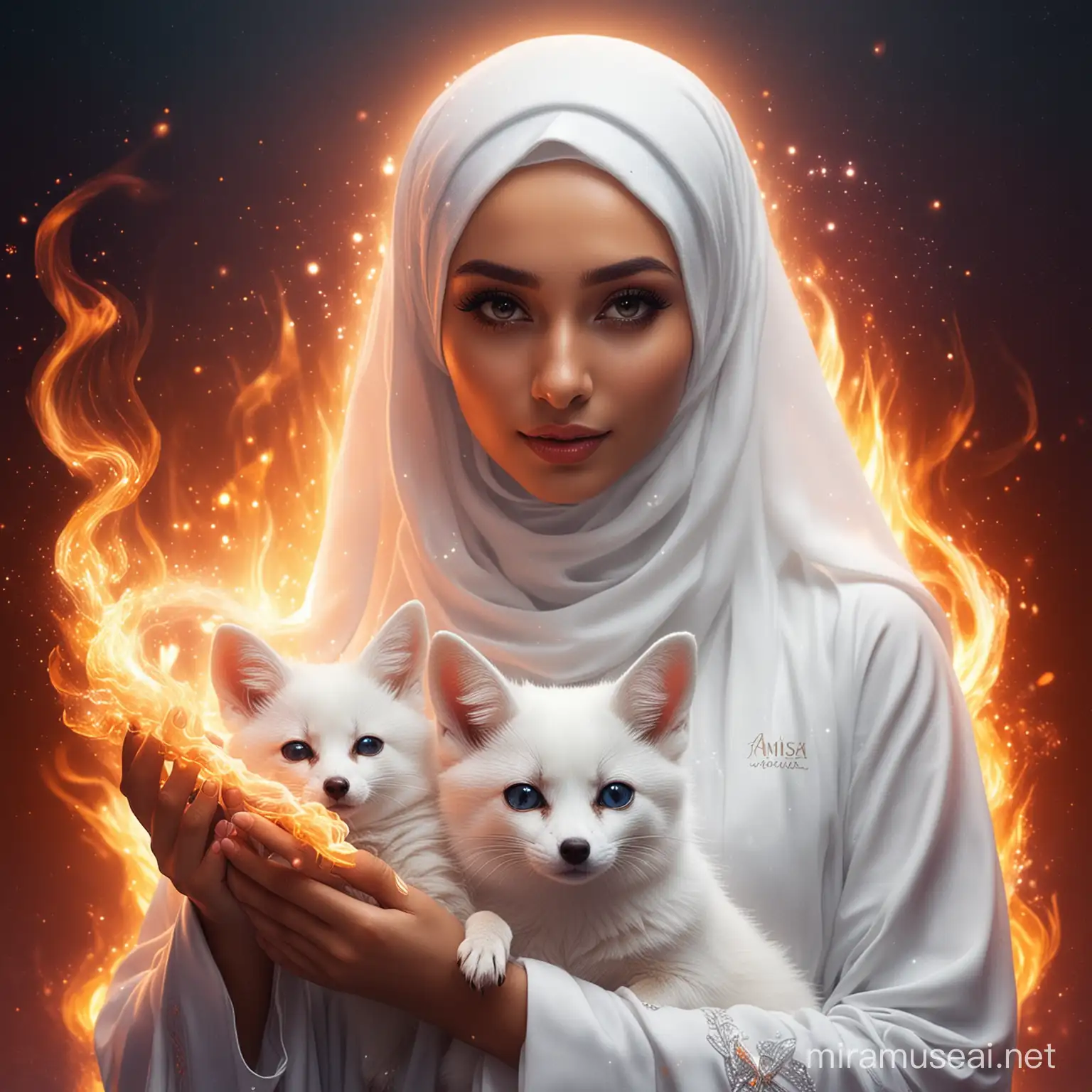 poto real A majestic seorang gadis cantik berhijab bersama Rubah fennec berbulu putih from "Anisa" digital ashes in a bleze of holografhic flames with text "Anisa"