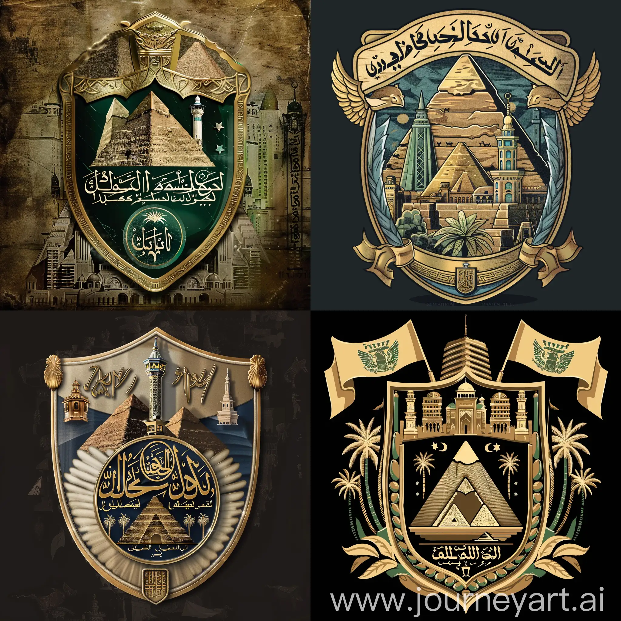 A shield for the football match containing the emblem of the State of Egypt and the emblem of the State of Saudi Arabia, with the pyramids and the Sphinx in addition to the Kingdom Tower, Al-Faisaliah, and the Palace of Governance.