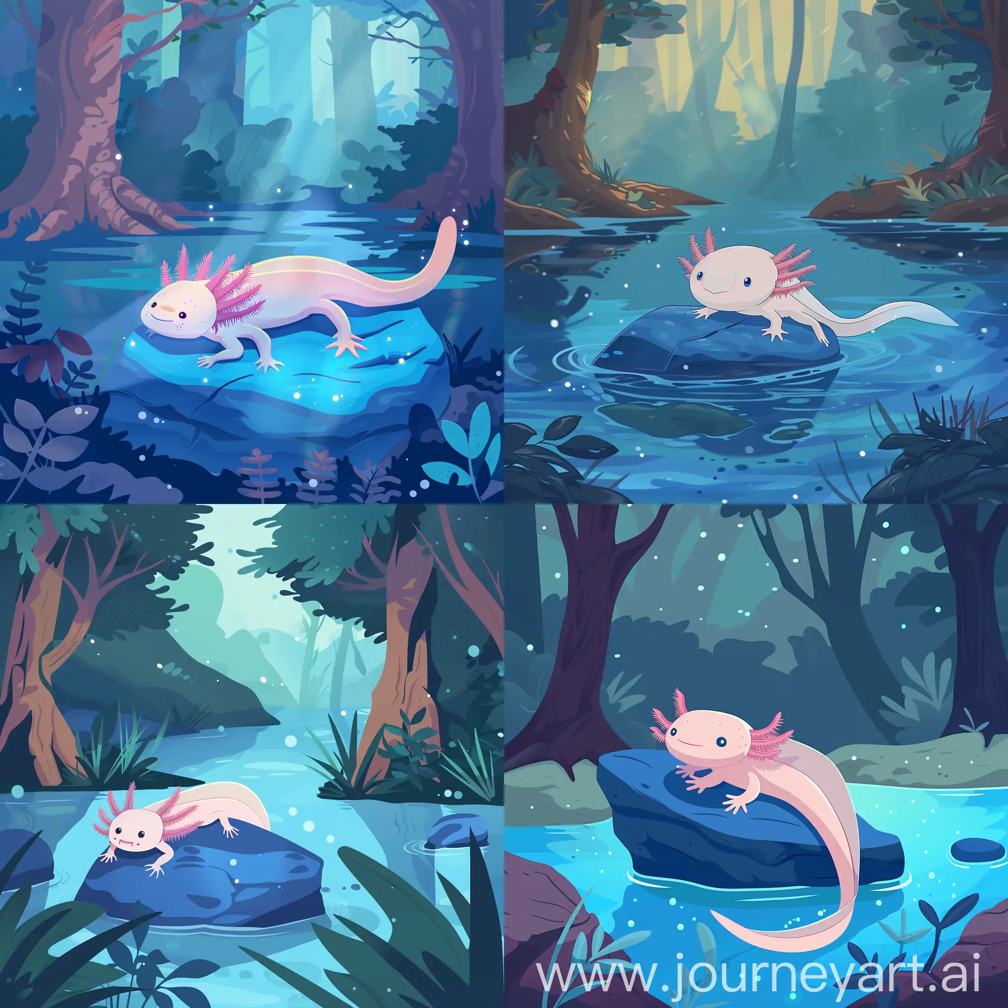 Sparkling-Blue-Forest-Lake-Axolotl-in-Cartoon-Flat-Style