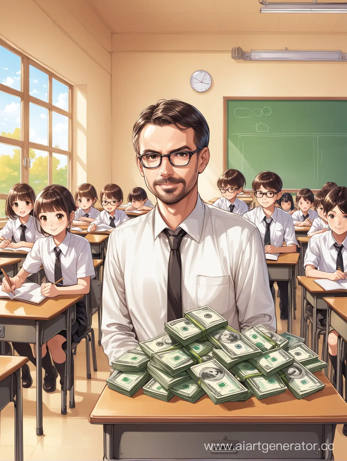 Нарисуй обложку для альбома, где изображён класс, преподаватель и за его спиной очень много денег