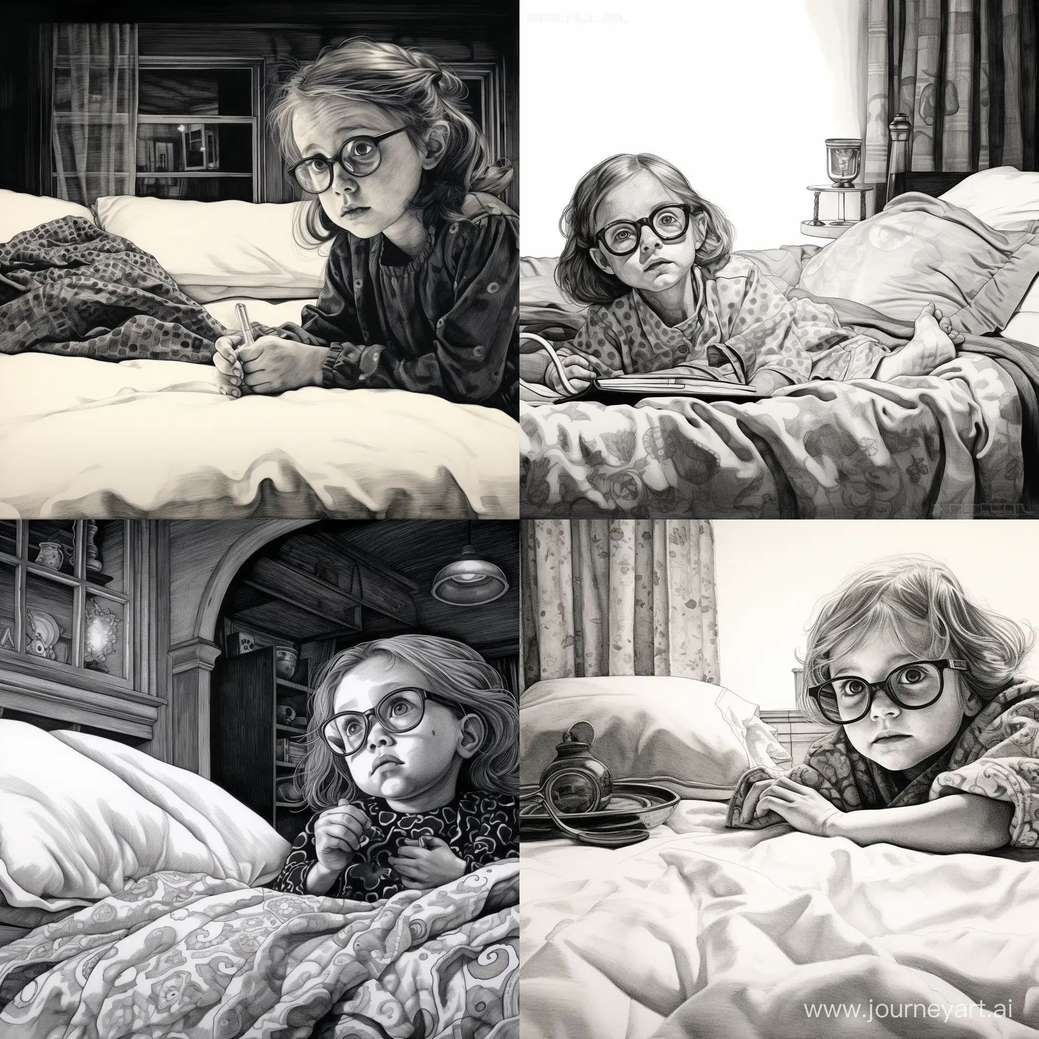 Маленькая девочка, лежит на кровати, укрывшись одеялом, а рядом сидит бабушка в очках, рисунок тушью