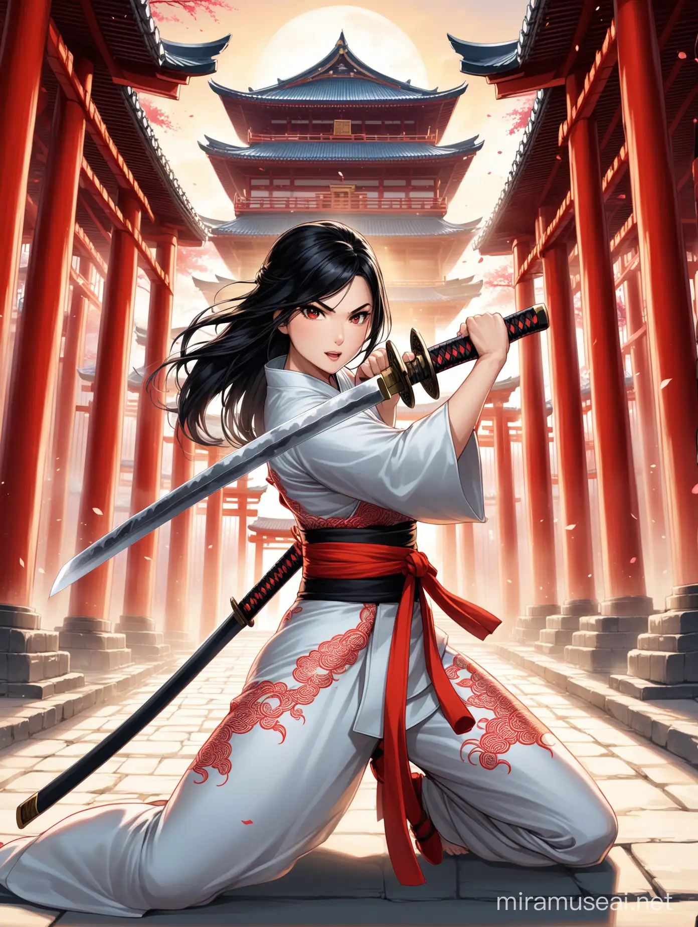 Samurai Girl with Expressive Eyes Wielding Katana at Ancient Temple