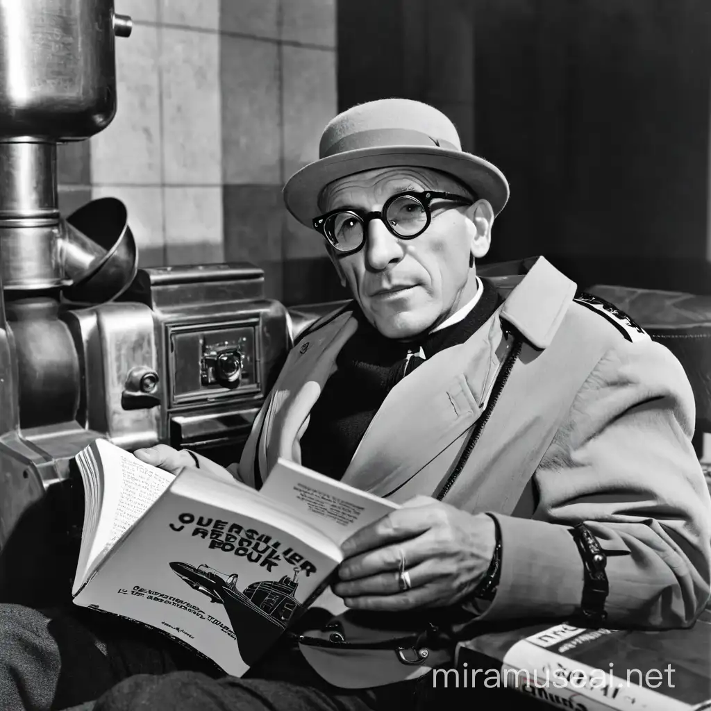 Le corbusier  reading a book, in dieselpunk clothes
