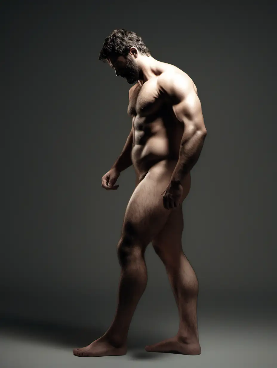 Sculpted Hercules Pose Powerful Nude Man in Dramatic Lighting