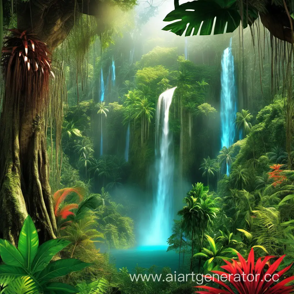 jungle, light forest, big trees, colorful plants, waterfall, richness