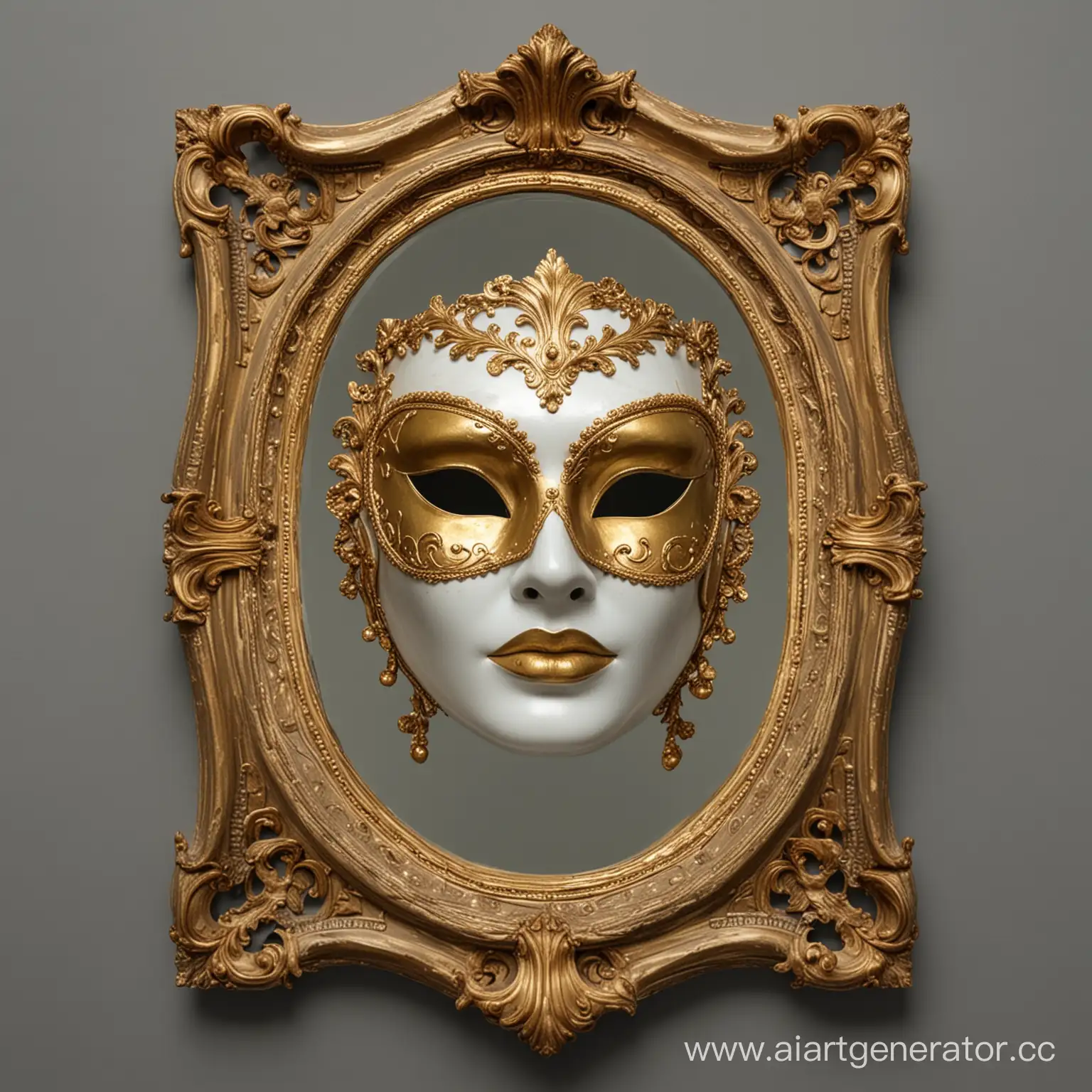 Венецианская женская маска с золотым обрамлением в зеркале, в зеркале не видно ничего кроме темноты и маски, зеркало овальное с золотым обрамлением, за зеркалом только серый фон