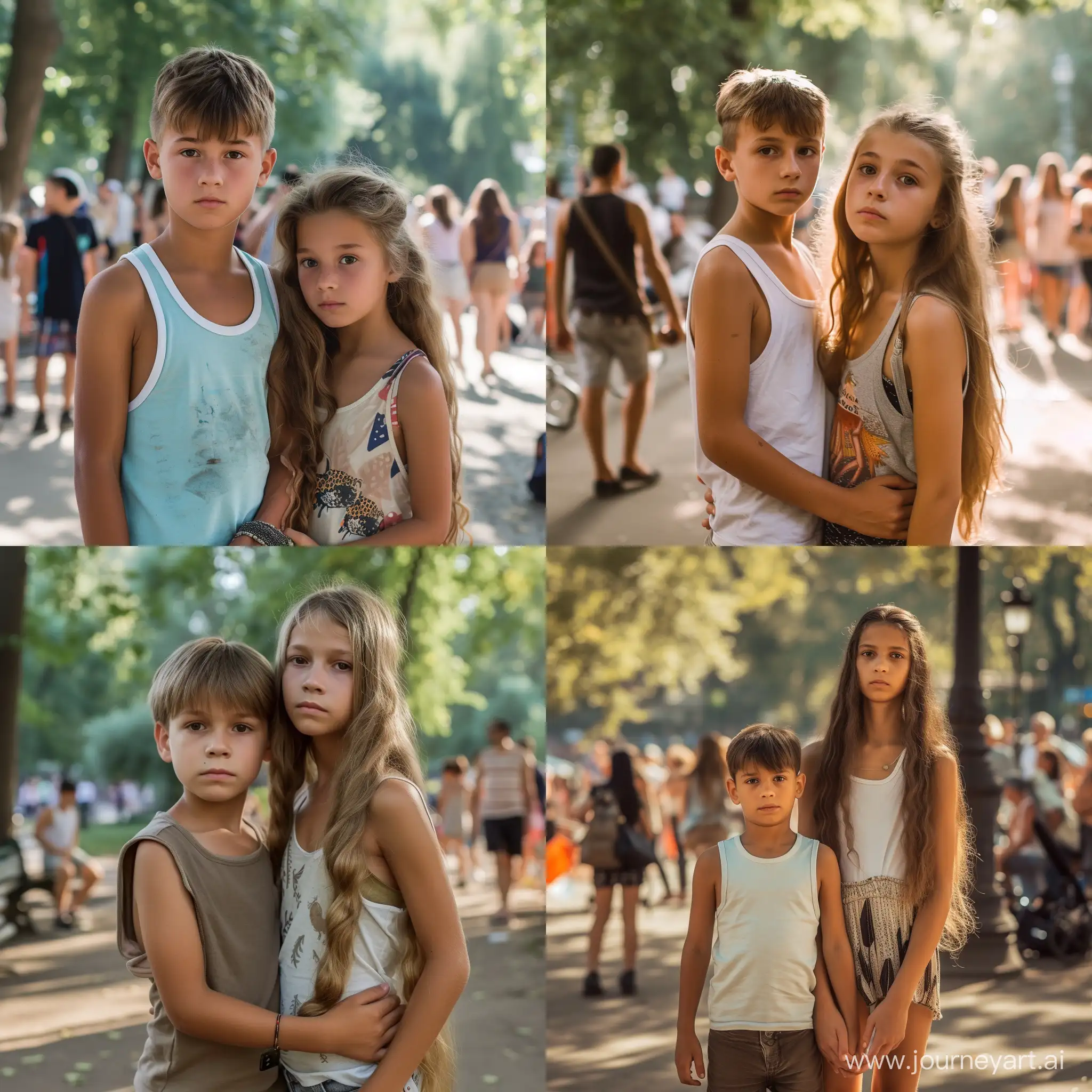 European cute child tween boy and a very tall tween girl standing in tanktop in the crowded park, holding each other