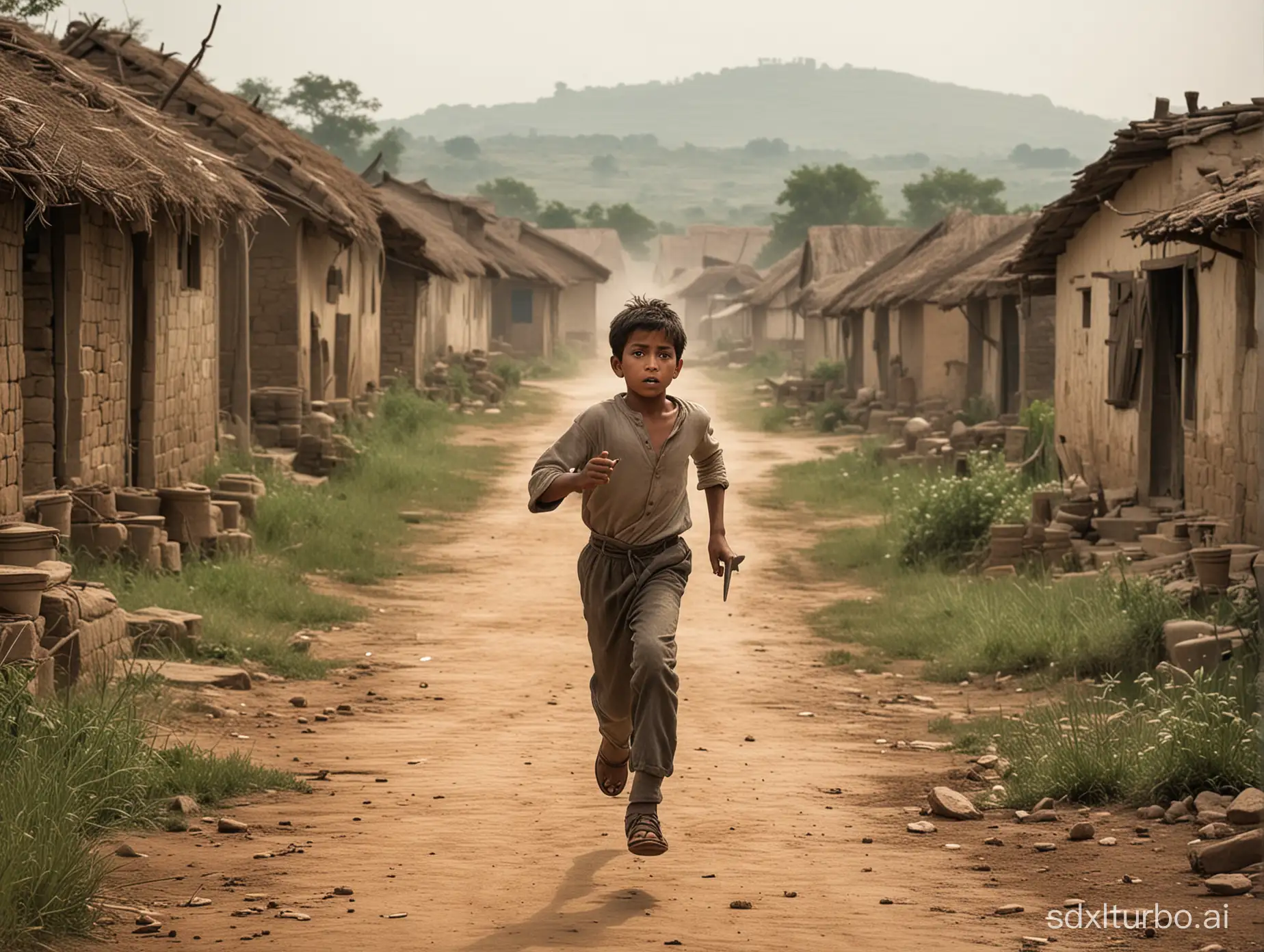 A boy running away from a village with a knife in his hand