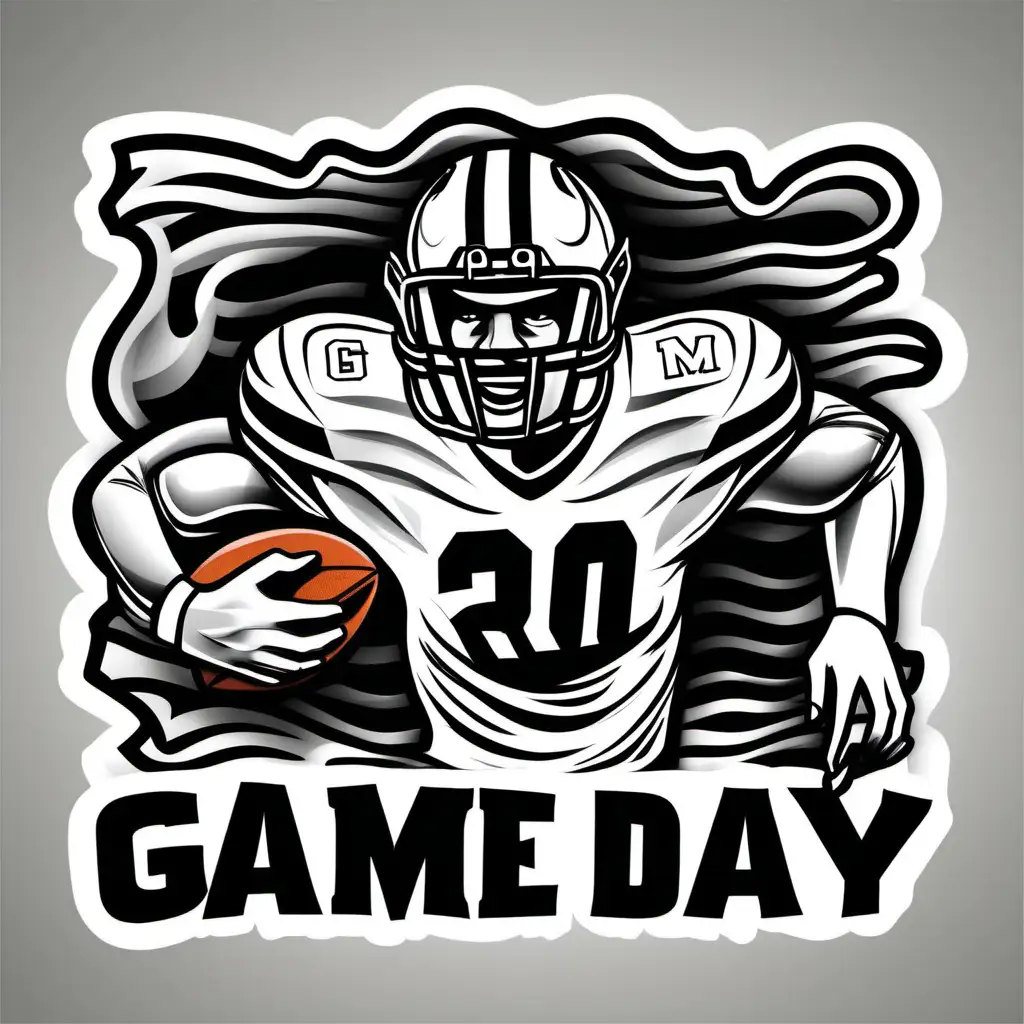 GAME DAY, WAVY LETTERS, FOOTBALL PLAYER HEAD, BLACK AND WHITE, NO BACKGROUND