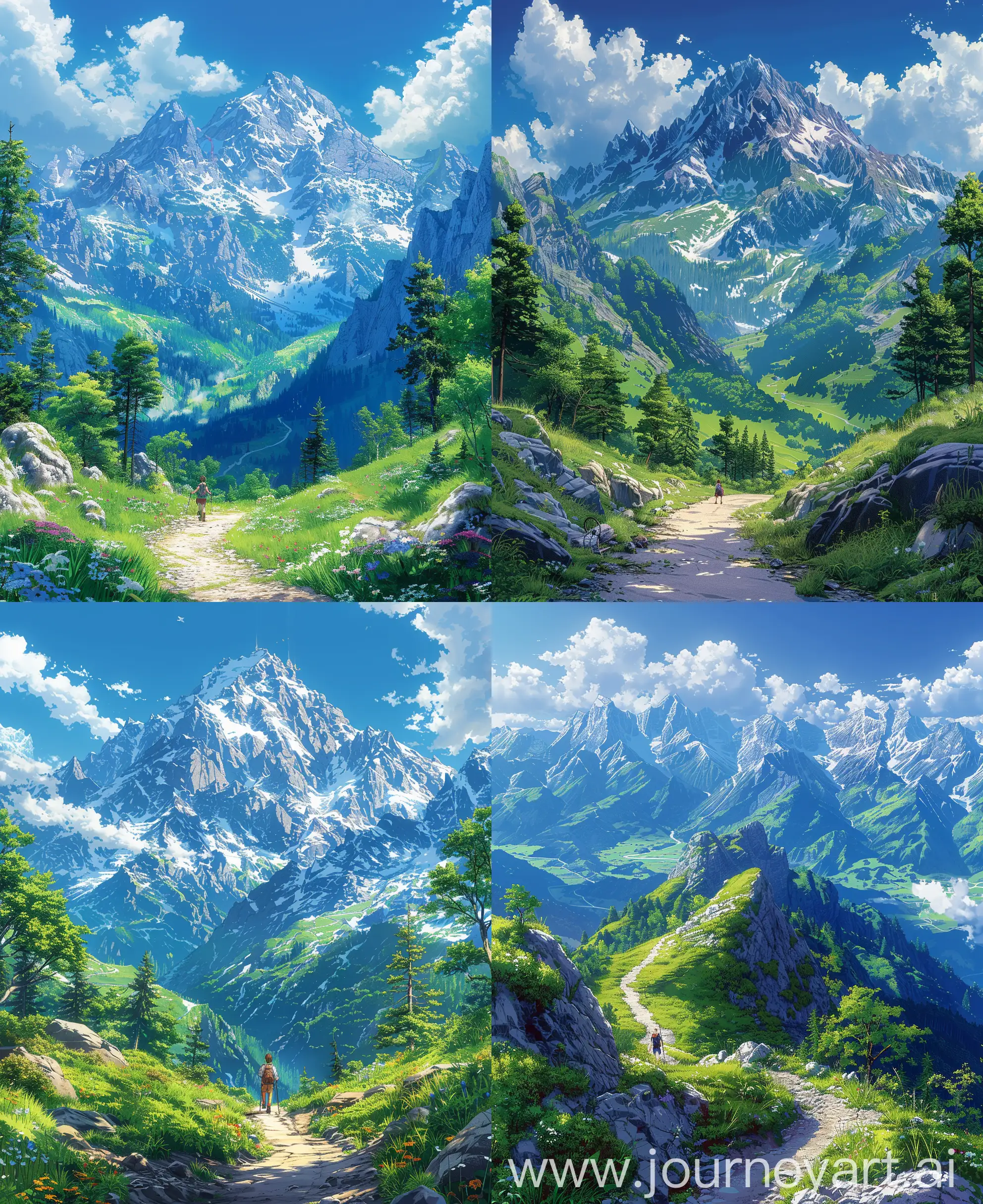 Anime scenary, illustration, mountain road, Summer day, mountain Hiker in a scenario, beautiful scenaries, mountain activities, nature retreat, beautiful anime illustration view, ultra HD, high quality resolution, no blurry image, no hyperrealistic --ar 27:33 --s 600