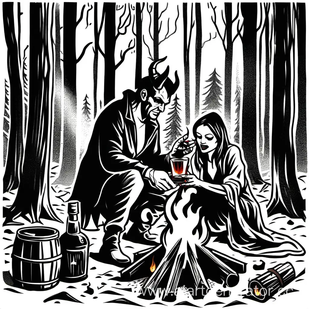 Чёрт угощает женщину виски около костра в лесу.