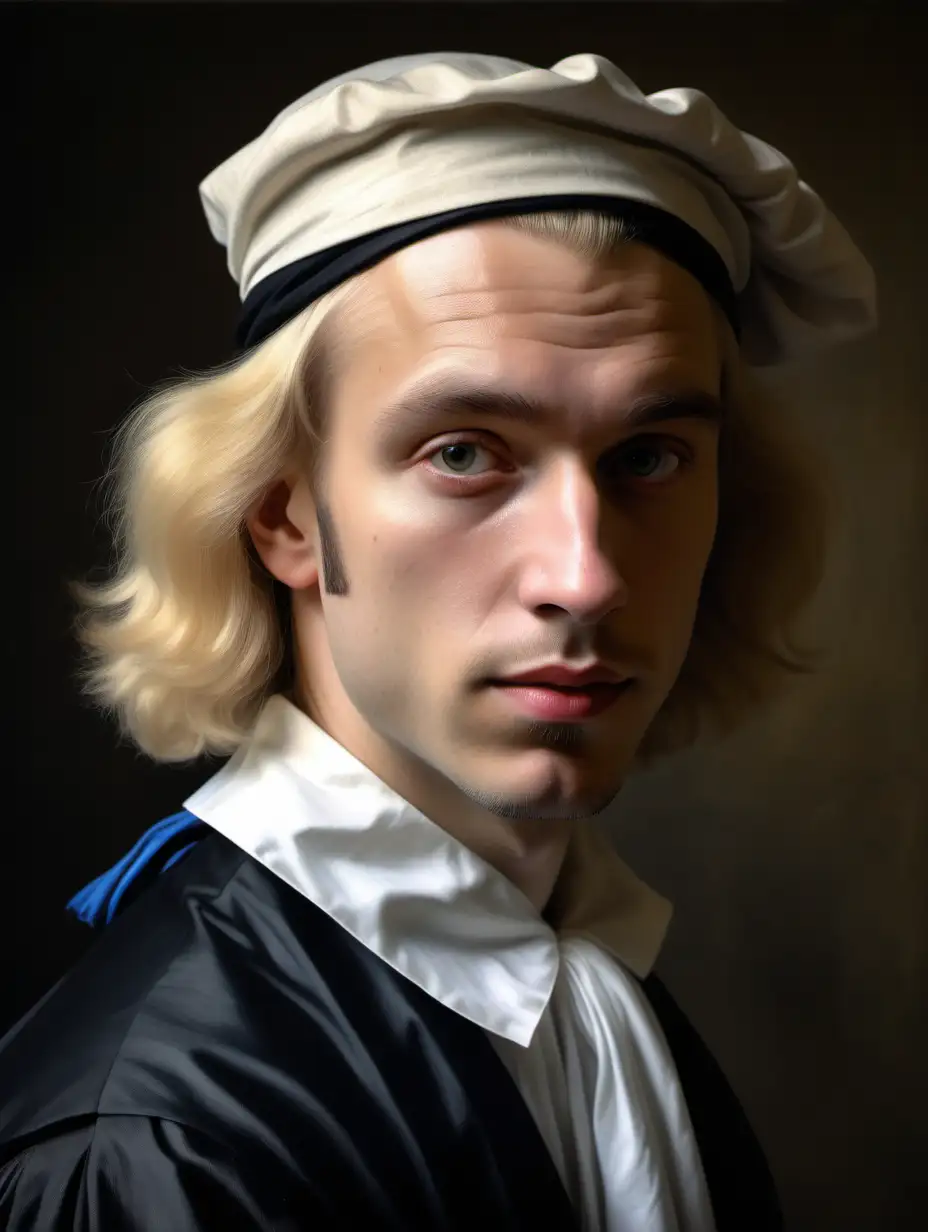 make a close-up painterly 3/4 portrait in the style of Vermeer in the 17th century 
of a 20 year dutch man with blond hair wearing a white shirt and black colbert.
 
