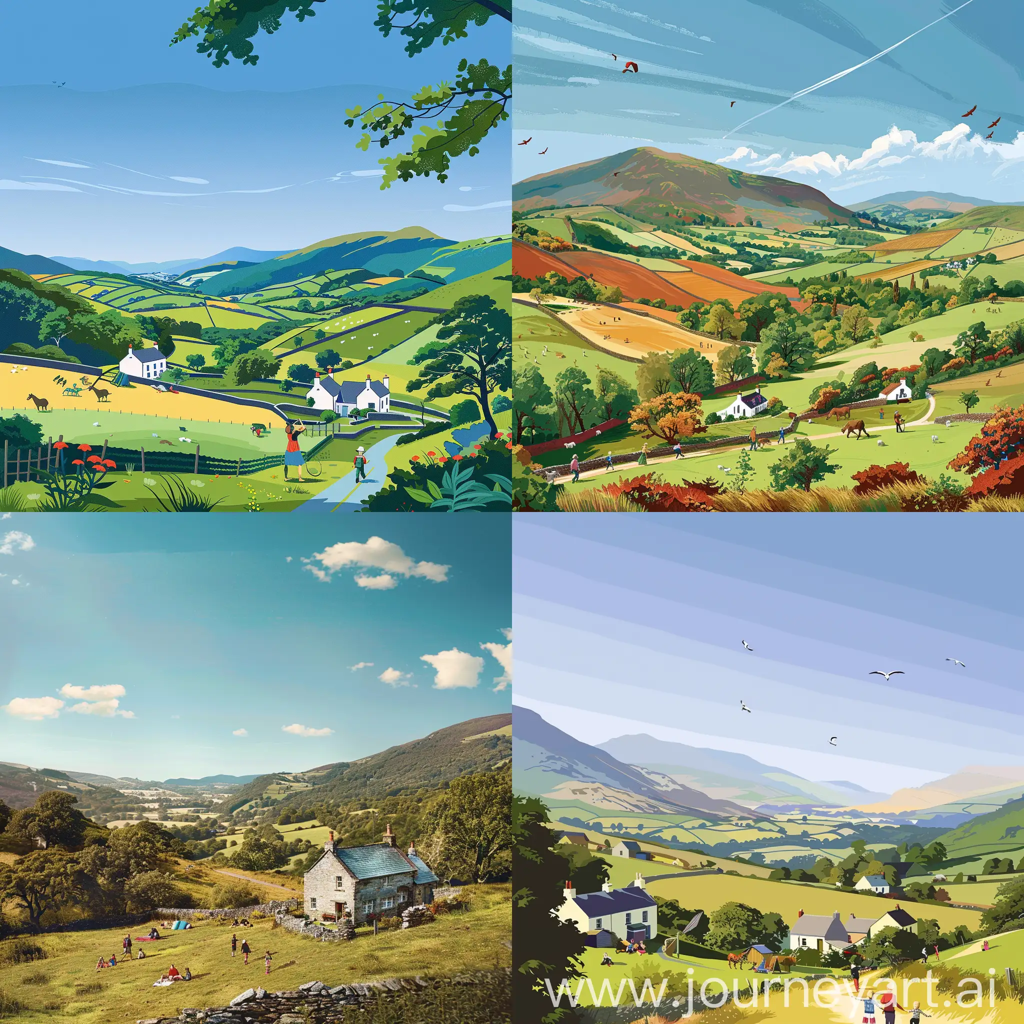 Generate an image of a picturesque Welsh landscape with rolling hills, a clear blue sky, and a family enjoying outdoor activities