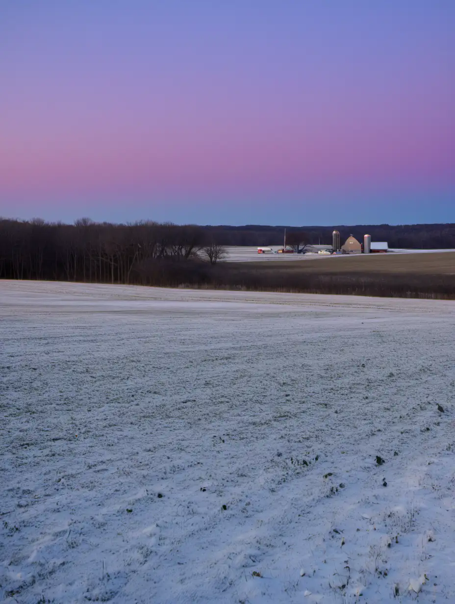 Nebraska farm in late November with a small amount of snow on the ground, dawn, just beginning to get dark, close up photo, forest in far background