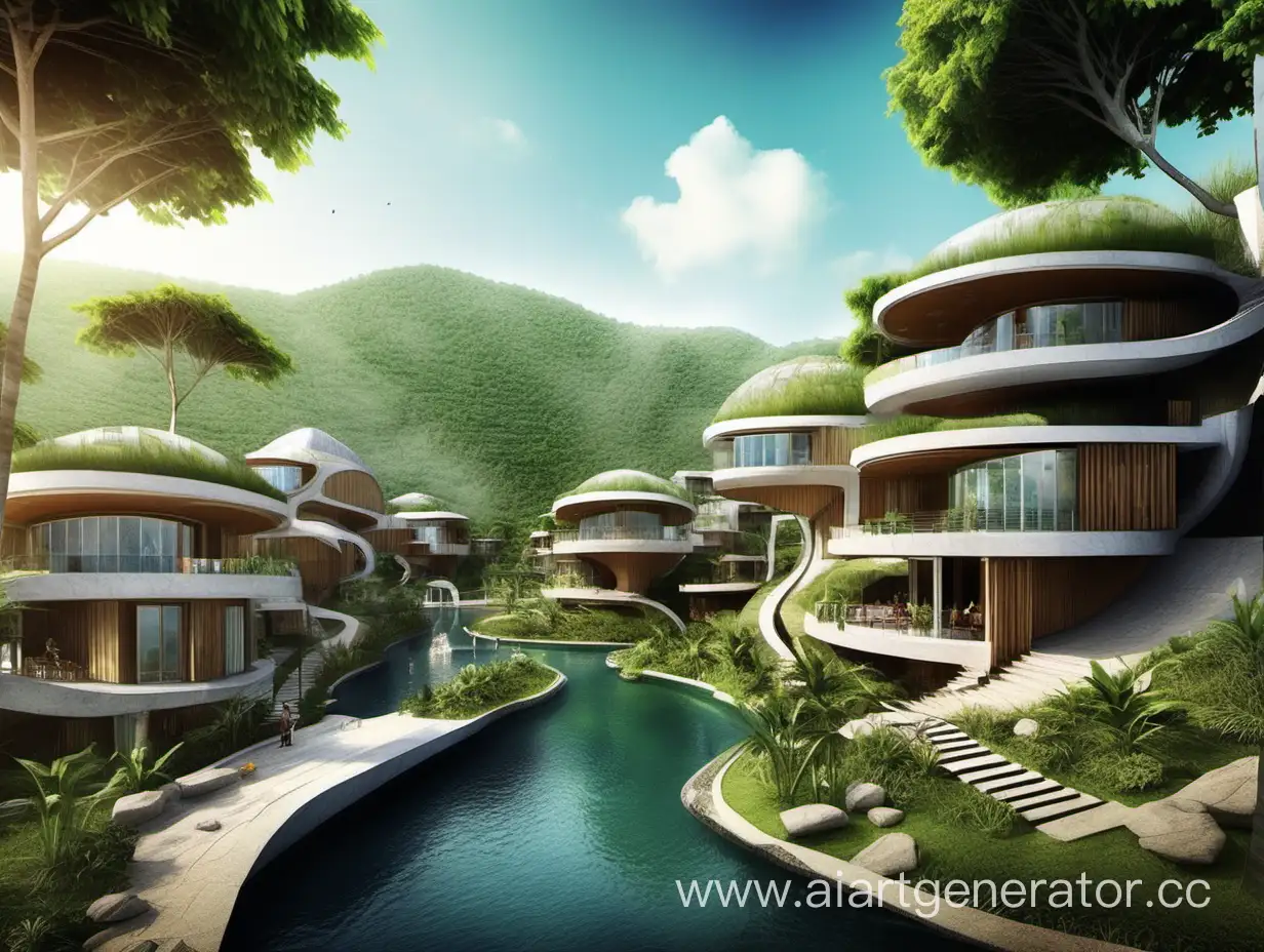Draw an eco village with modern architecture. The houses are one, two, three floors. There are modern sculptures, fountains, waterfalls, and an unusual landscape on the territory of the village. The village is located in the Vietnamese mountains overlooking the ocean, very stylish!