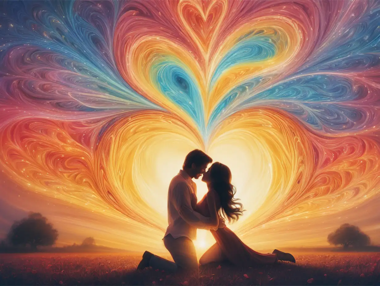 Vibrant Love Energy Radiant Couple Embracing in Colorful Light