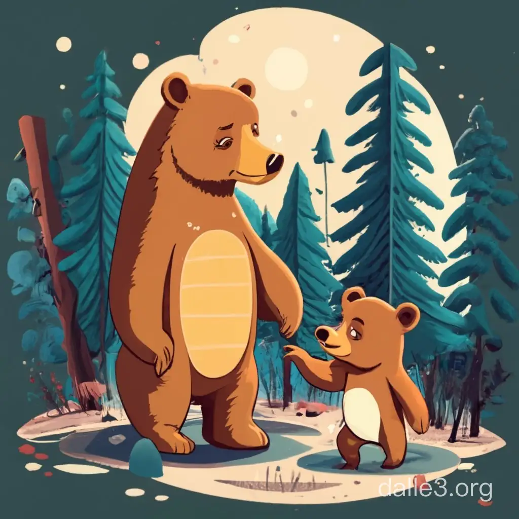 Father bear and his child in the forest, classic disney cartoon style