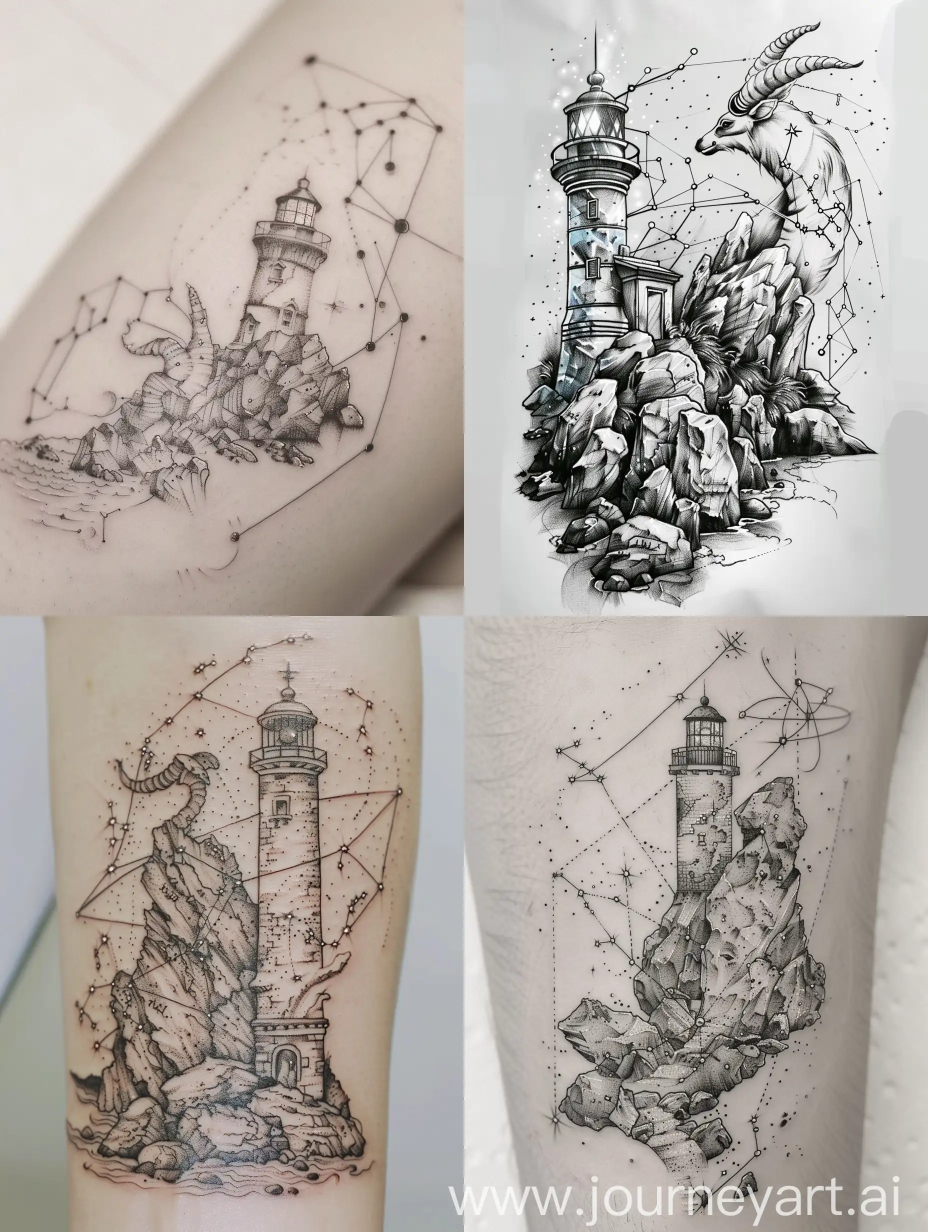 Козерог, маяк, скалы и созвездие козерога татуировка единая эскизы на белом фоне
