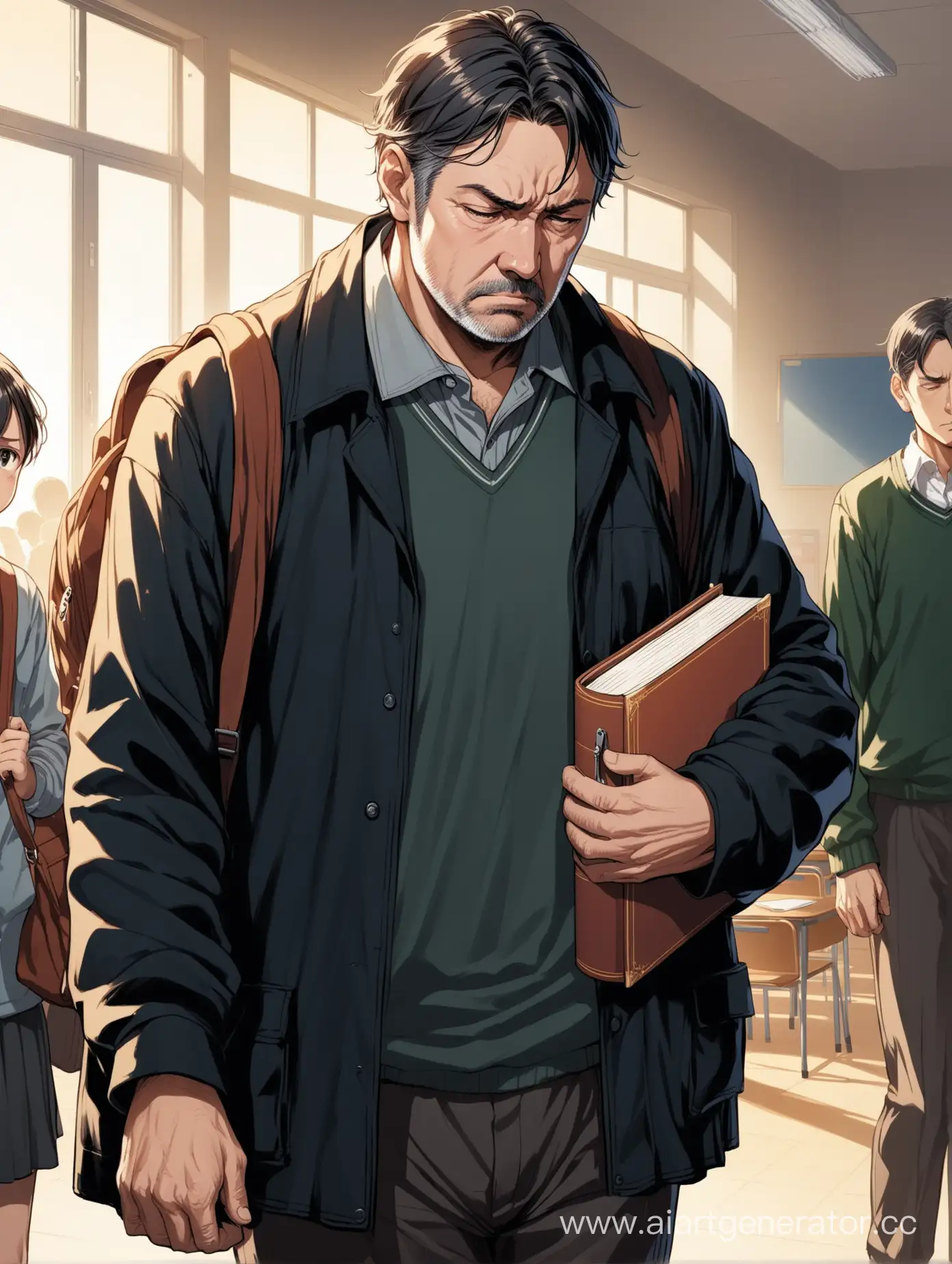 обложка для книги, мужчина средних лет в темной одежде, усталый и несчастный вид, в руках личные вещи подростка, находится в школе
