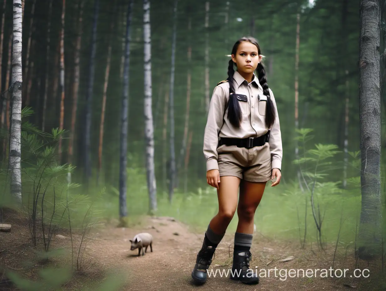 park ranger girl indigenous in shorts and long sleeves with pigtails in taiga, full height
