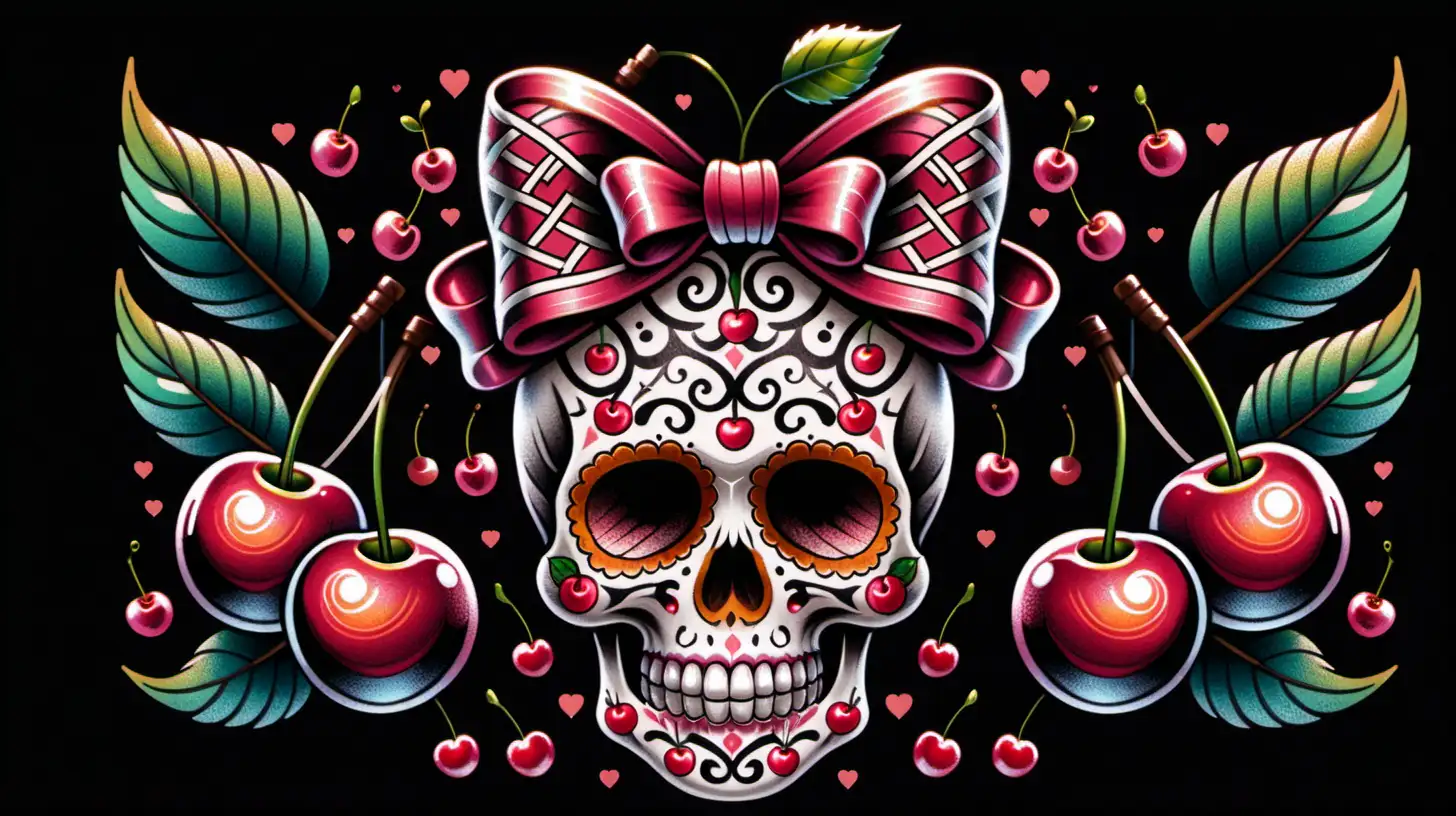 pattern, oldschool Tattoo Desig, cherry with bows and skull, black backround 