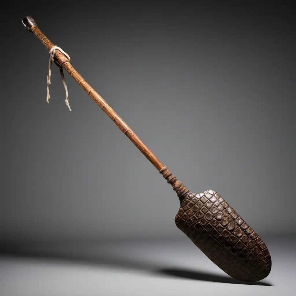 A large wooden oar wrapped in crocodile skin along the shaft and paddle. 3 long fangs are attached to one side of the paddle and 1 on the opposite side. A single spike is attached to its base.