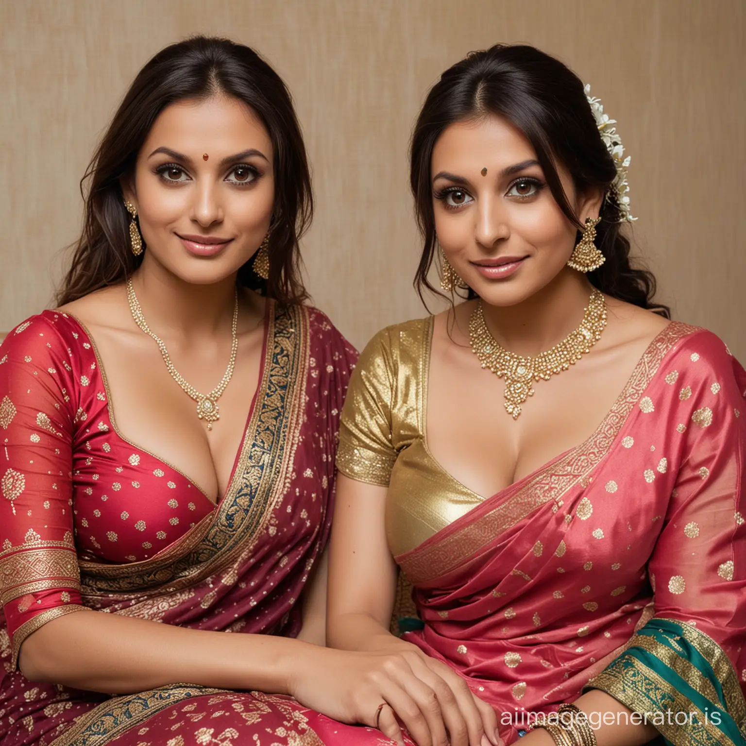 European-Brunettes-in-Deep-Cleavage-Sarees-at-Indian-Wedding