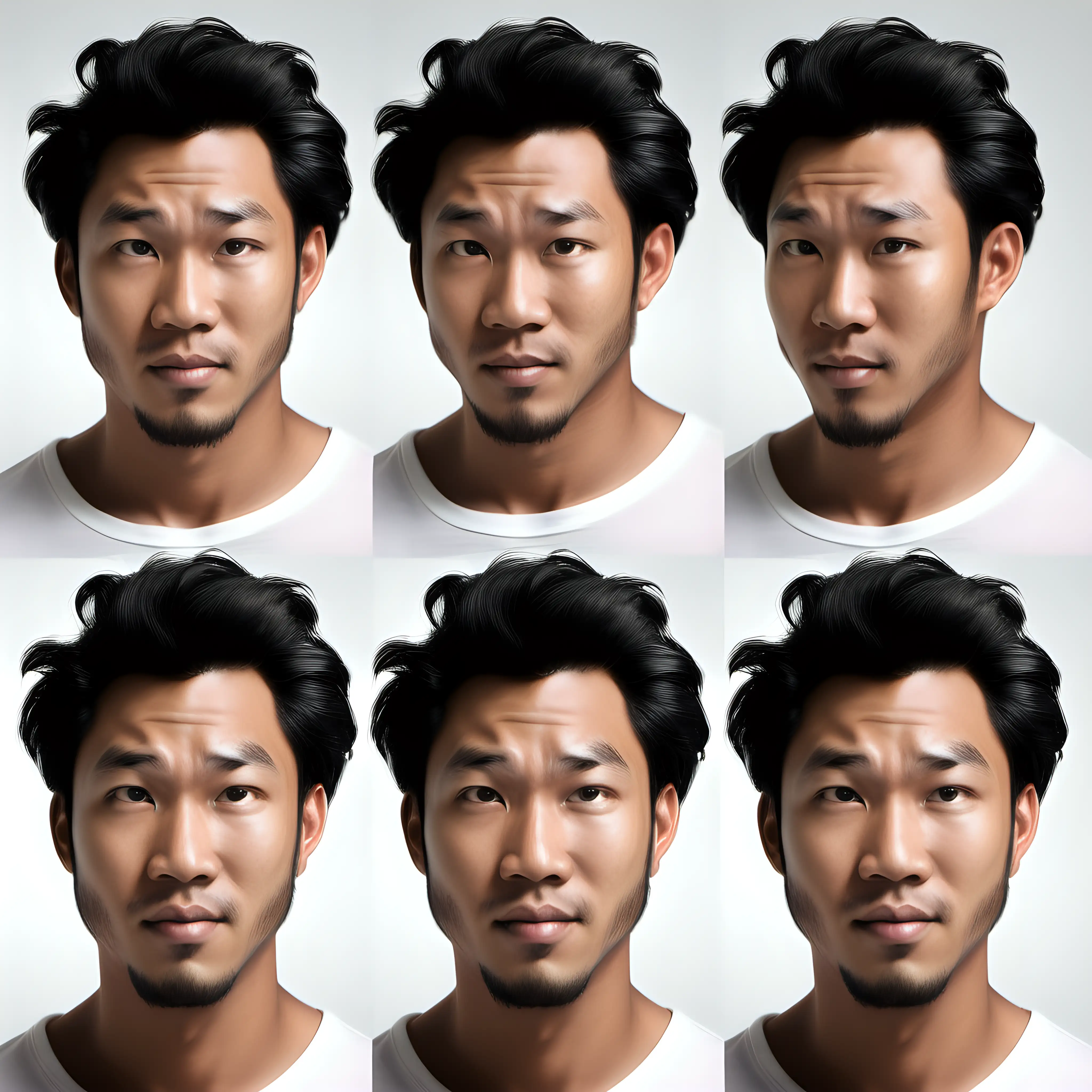 realistic photography of handsome 30-something black and asian man, 
character sheet, spacing and margins, multiple angles