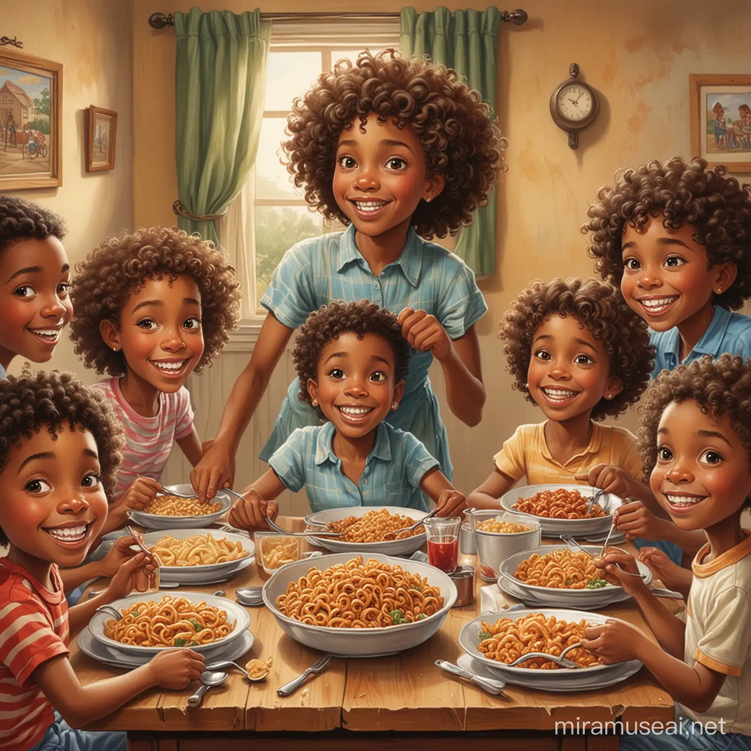 cartoon ernie barnes style african american nine 10 year old children with curly hair smiling eating food with friends in a room (not home)