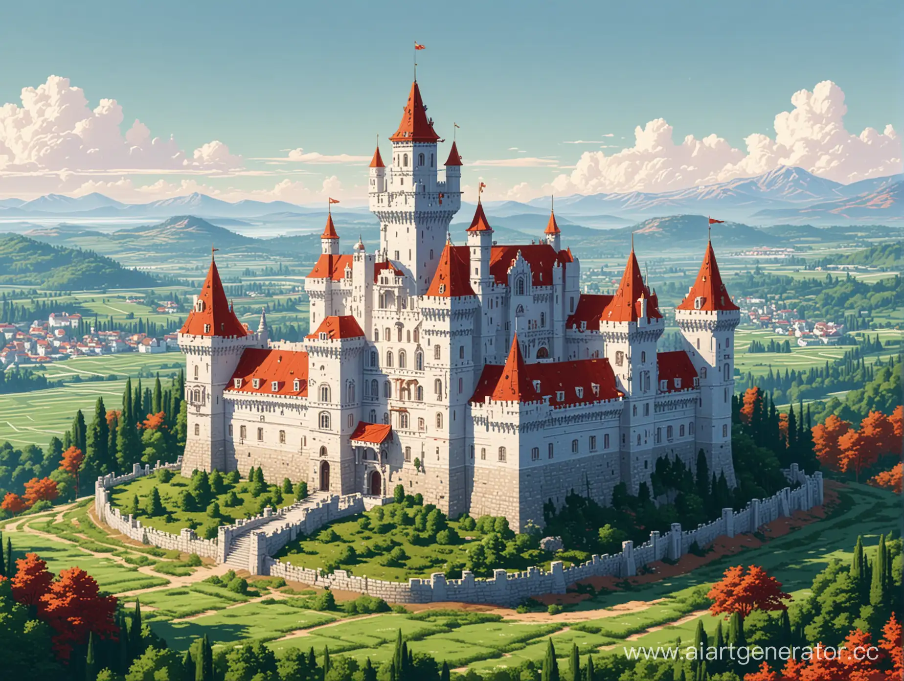 Нарисуй мне картинку в стиле пиксель арт, на которой изображен роскошный белый замок с красными крышами, чистое небо и зелёные поля, вокруг замка расположен город
Разрешение картинки должно быть 480 на 270 пикселей



