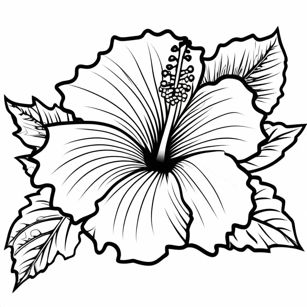 Hibiscus , Coloring Page, black and white, line art, white background, Simplicity, Ample White Space. The background of the coloring page is plain white to make it easy for young children to color within the lines. The outlines of all the subjects are easy to distinguish, making it simple for kids to color without too much difficulty 