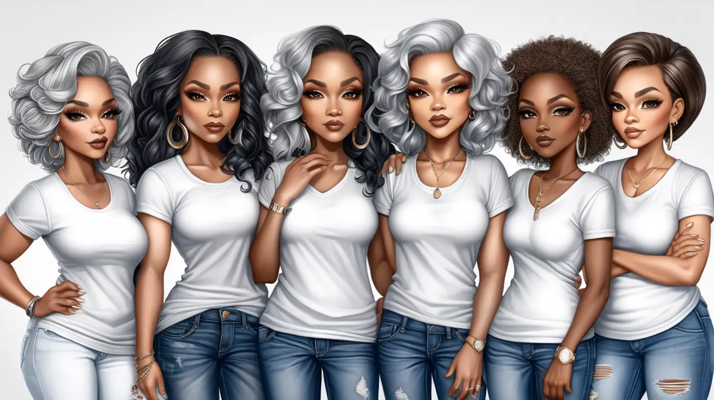 envision hyper realistic, chibi-style, group of older, beautiful, stylish, sophisticated, black women, impeccable make-up, dressed in white t-shirts and jeans