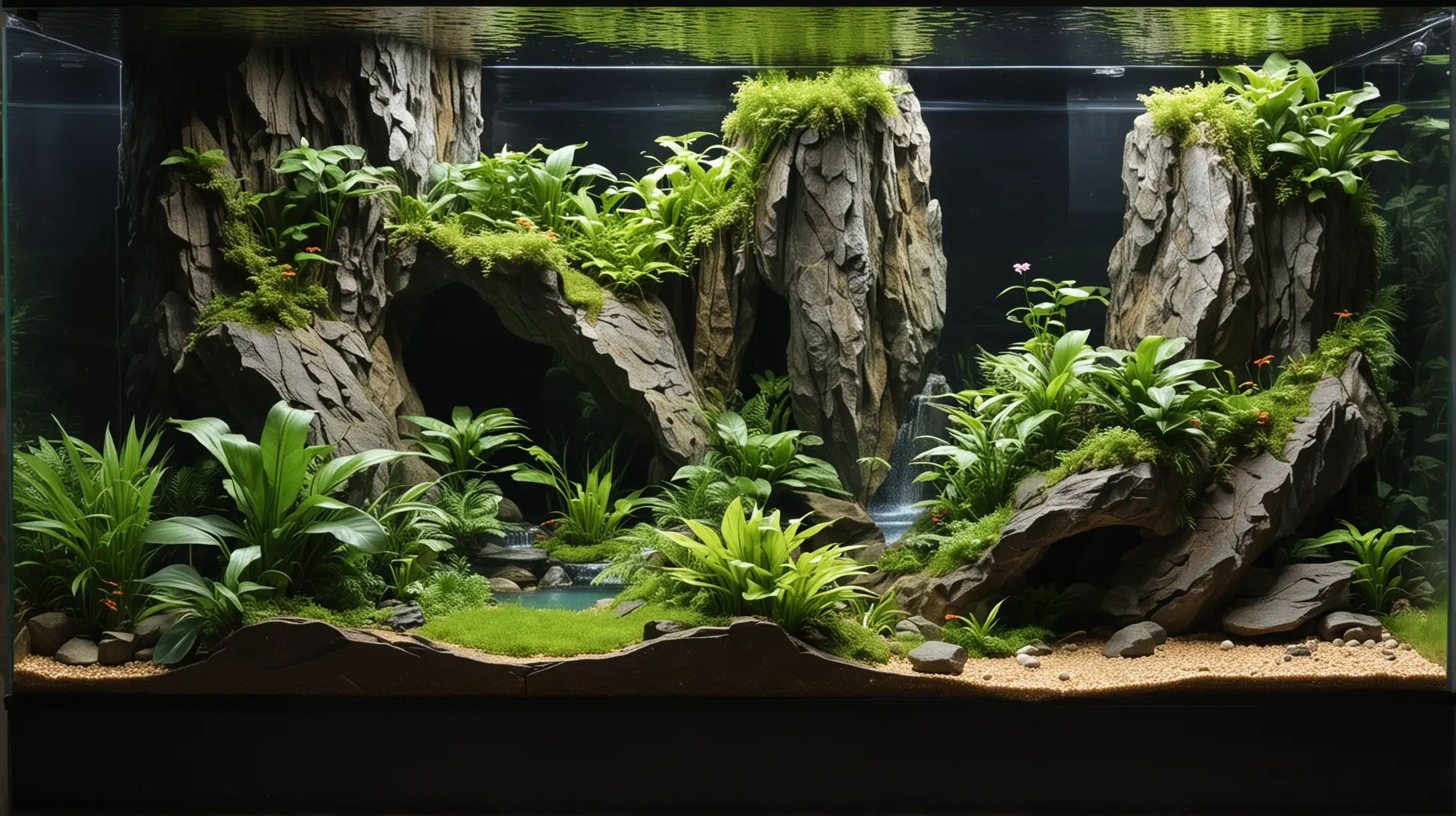 A 130cm by 45 cm by 70 cm tropical snake paludarium with the left half the paludarium as a full-on integrale mountain block cliff with a cave entrance inside with a waterfall and the other half lake-side wih a large flat area on the right half.