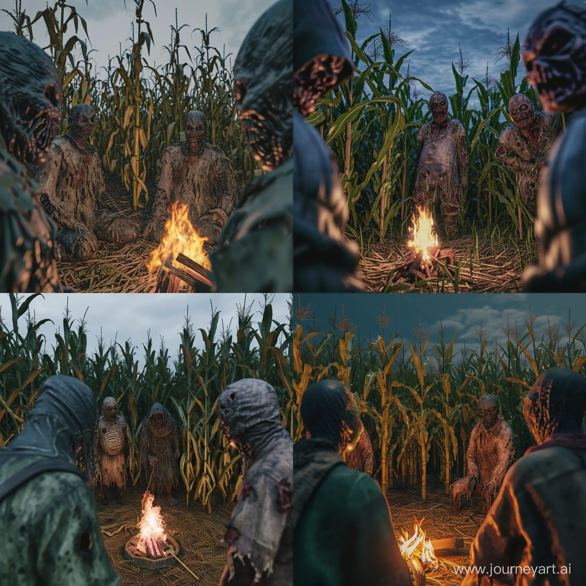 Absurd creepy people looking at the camera at the corn field. They are wearing dirty ragged clothes and creepy masks. There is a camp fire in front of him. Creepy environment. Midnight time. Cinematic shot. Ultra realistic. 8K. HD. HQ
