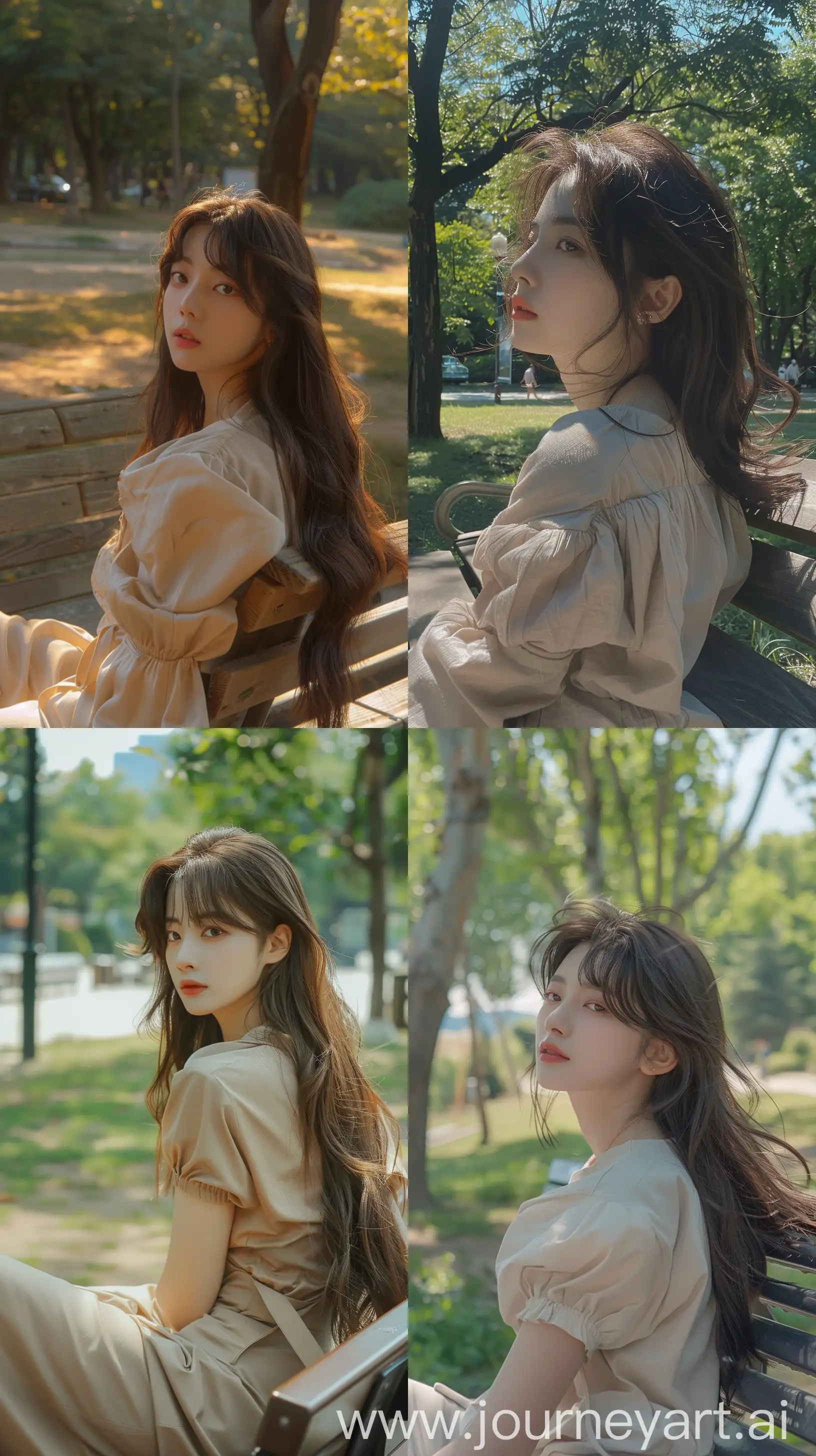 aestethoc selfie, wonyoung wearing a cute simple clothes, sit on a park bench, back body, profile --ar 9:16