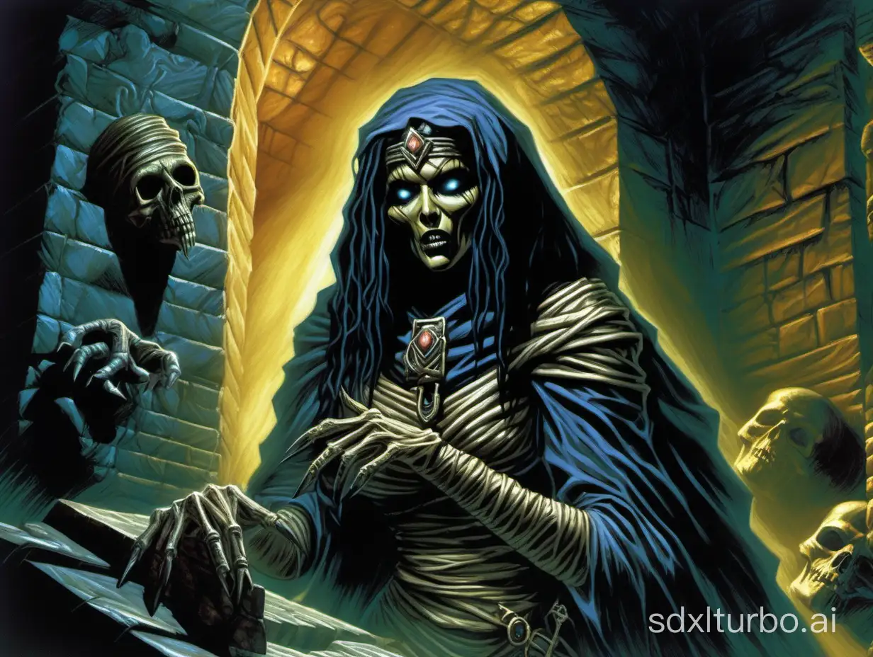 a mummy:priestess in a dark crypt, dreadful dark and moody atmosphere, close up, 16bit color, highres, detailed, realistic, style of 1985 Dungeons and Dragons, by Jeff Easley,