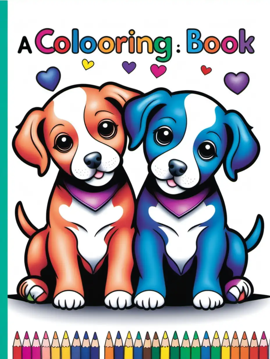 A  cover  a coloring book with no title,  for kids age 2 to 6.  Colorful, 2 puppies in love,  Negative space at the top,  image only, fully colored