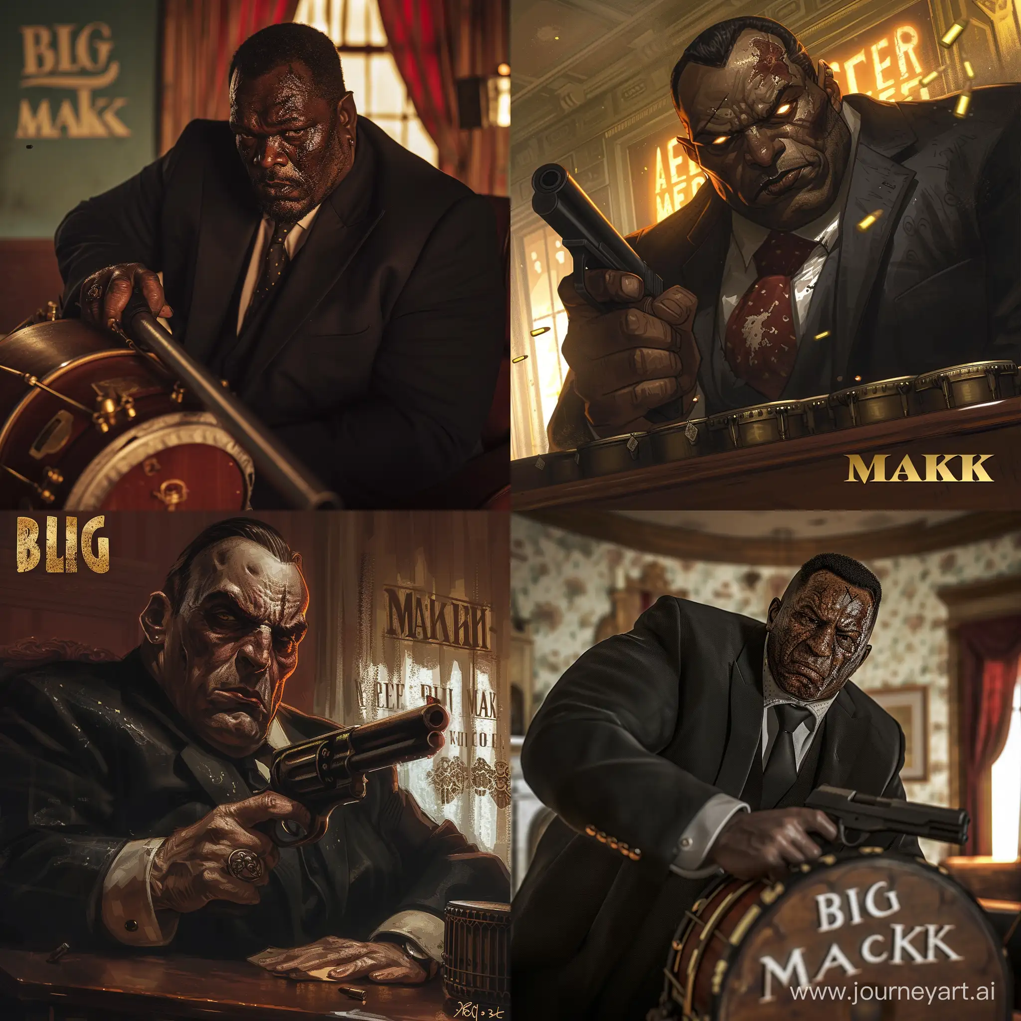 Mafia boss with a drum gun but he has a scar on his left eye and he’s in a godfather office and his name on desk says big Mack 
