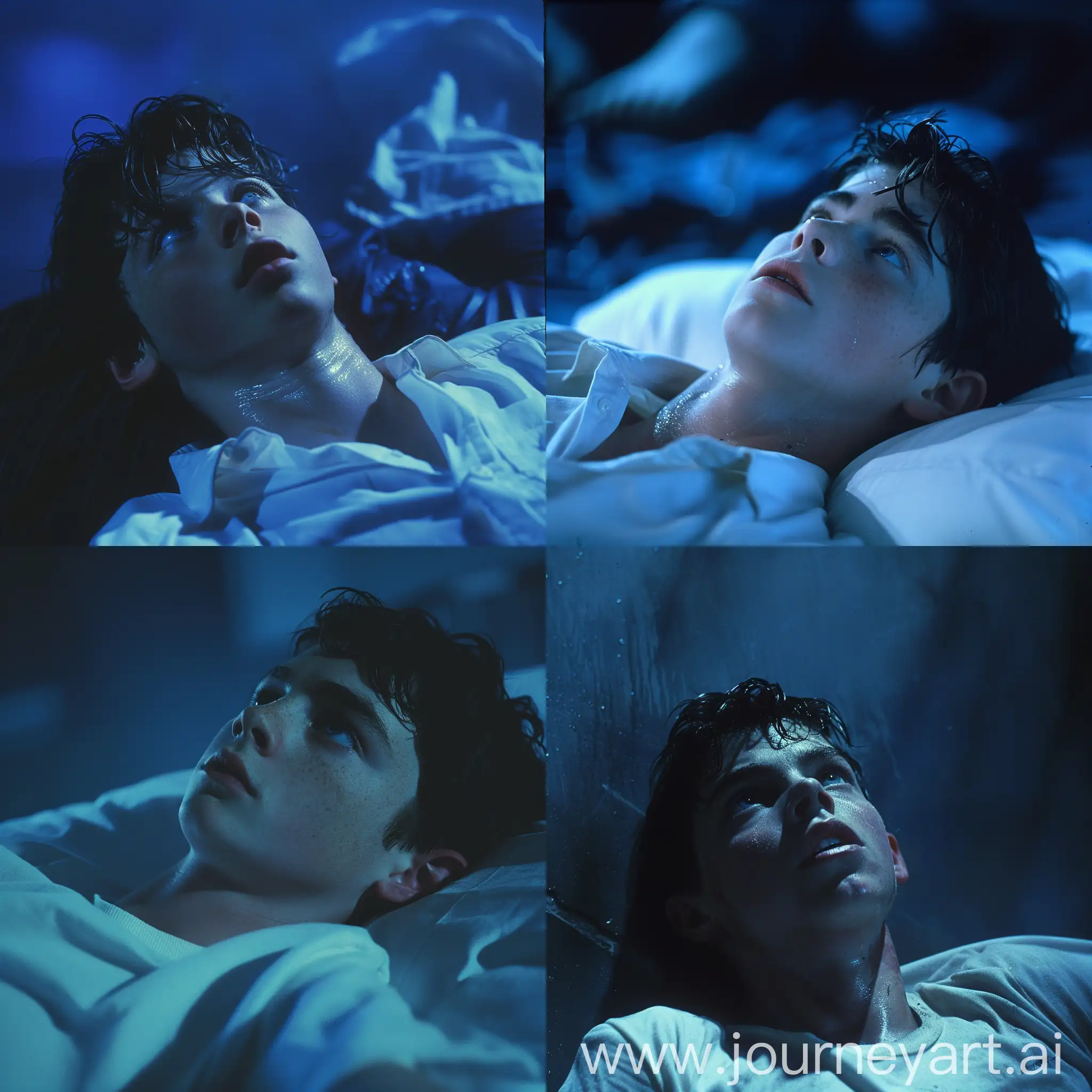 A scene from a cinematic movie by John Carpenter from the 1980s, focusing on a 16-year-old teenager lying down looking at the ceiling, in the image predominates a dark blue color, the thin young man, medium build, average height, short dark hair, blue eyes, face with a mixture of innocence, fear, determination. White shirt --v 6 --ar 1:1 --no 51098