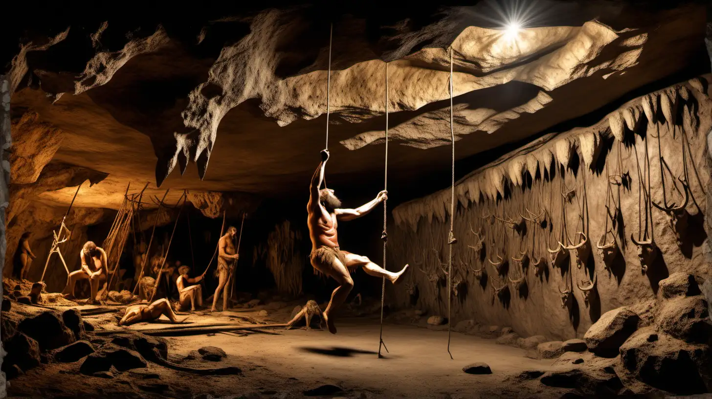 inside mesolithic caves at Creswell, a cave-man hangs from the cave ceiling on ropes, and he is painting a  hunting scene on the wall, damp interior, photo quality realism