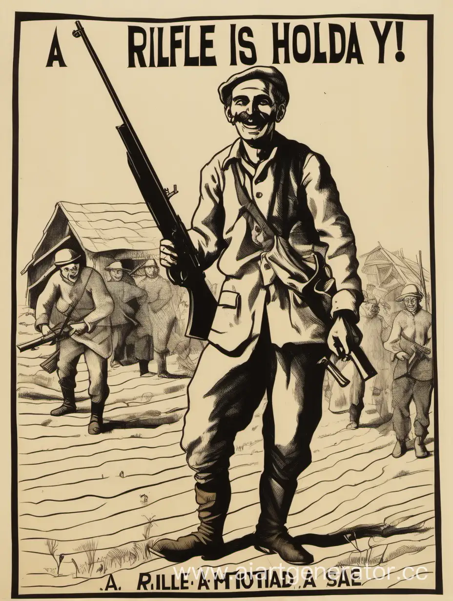 рисунок в виде агитационного плаката крестьянин с счастливым лицом держит в руках винтовку внизу плаката надпись "винтовка это праздник"