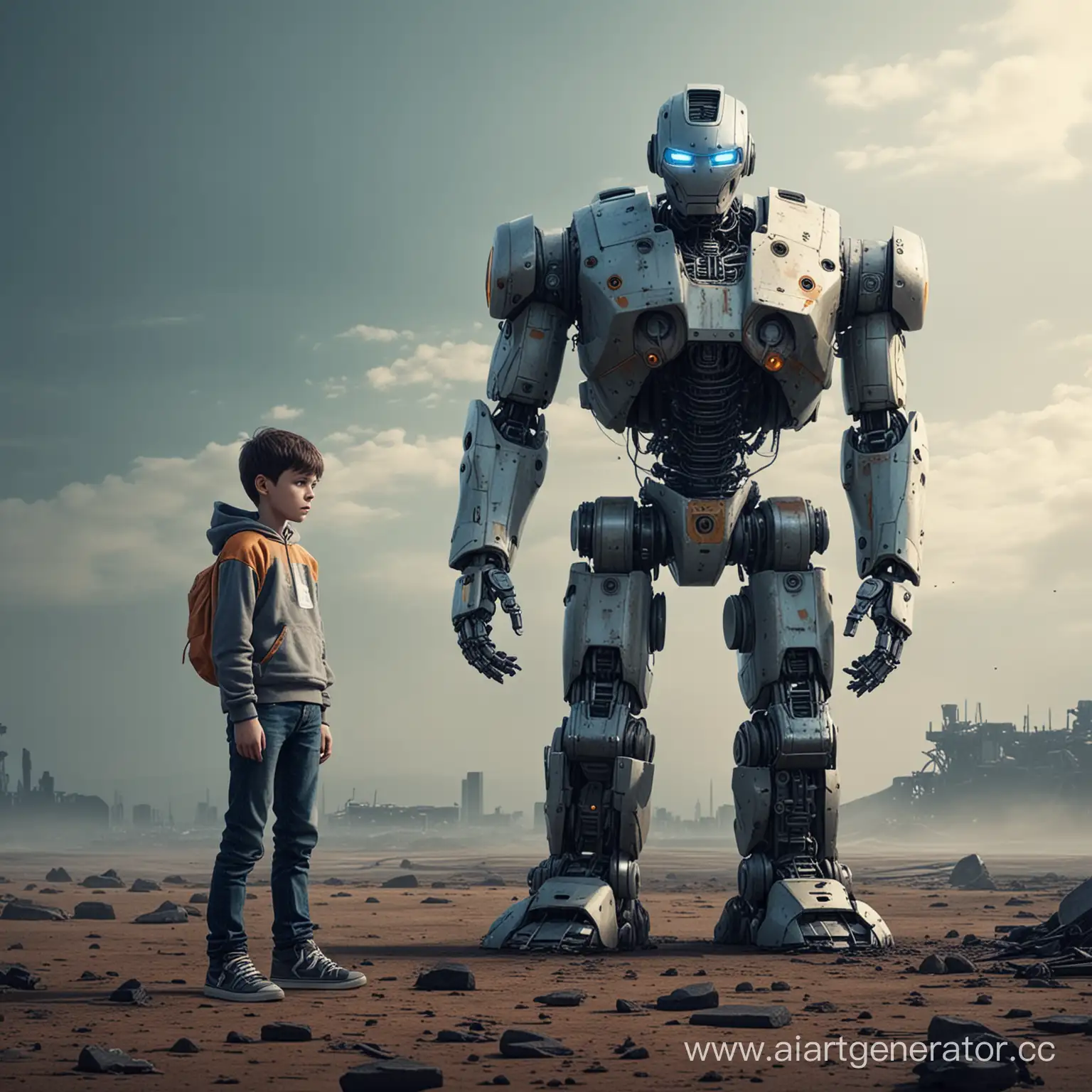 A sad boy is sad and a huge robot is standing next to him