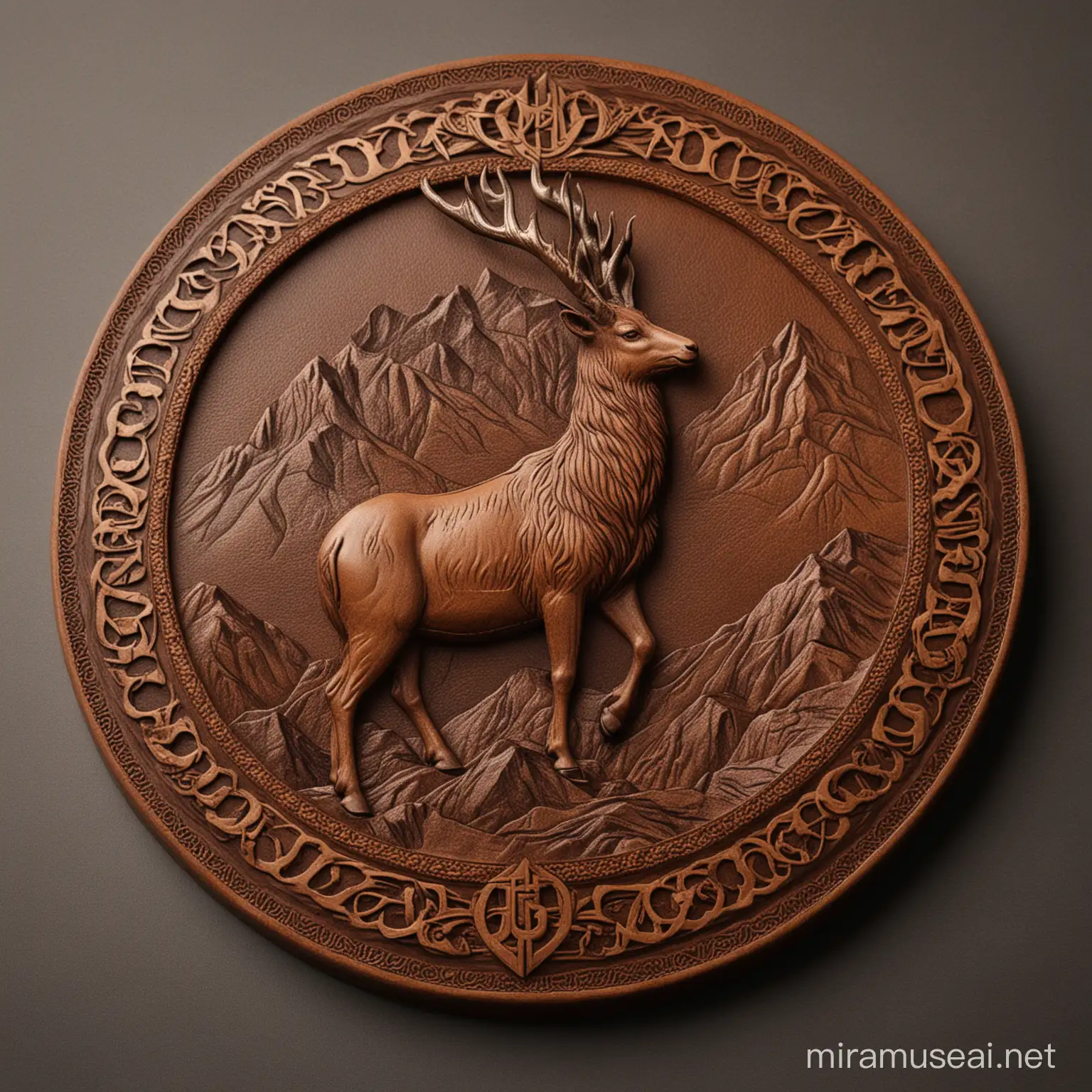 Design a circular emblem where a majestic Markhor stands atop a rugged mountain peak, symbolizing strength and endurance. Surround the emblem with intricate leather tooling patterns, echoing the craftsmanship of Leather Shire products. Incorporate the brand name "Leather Shire" in bold, elegant typography, curved along the bottom of the emblem.